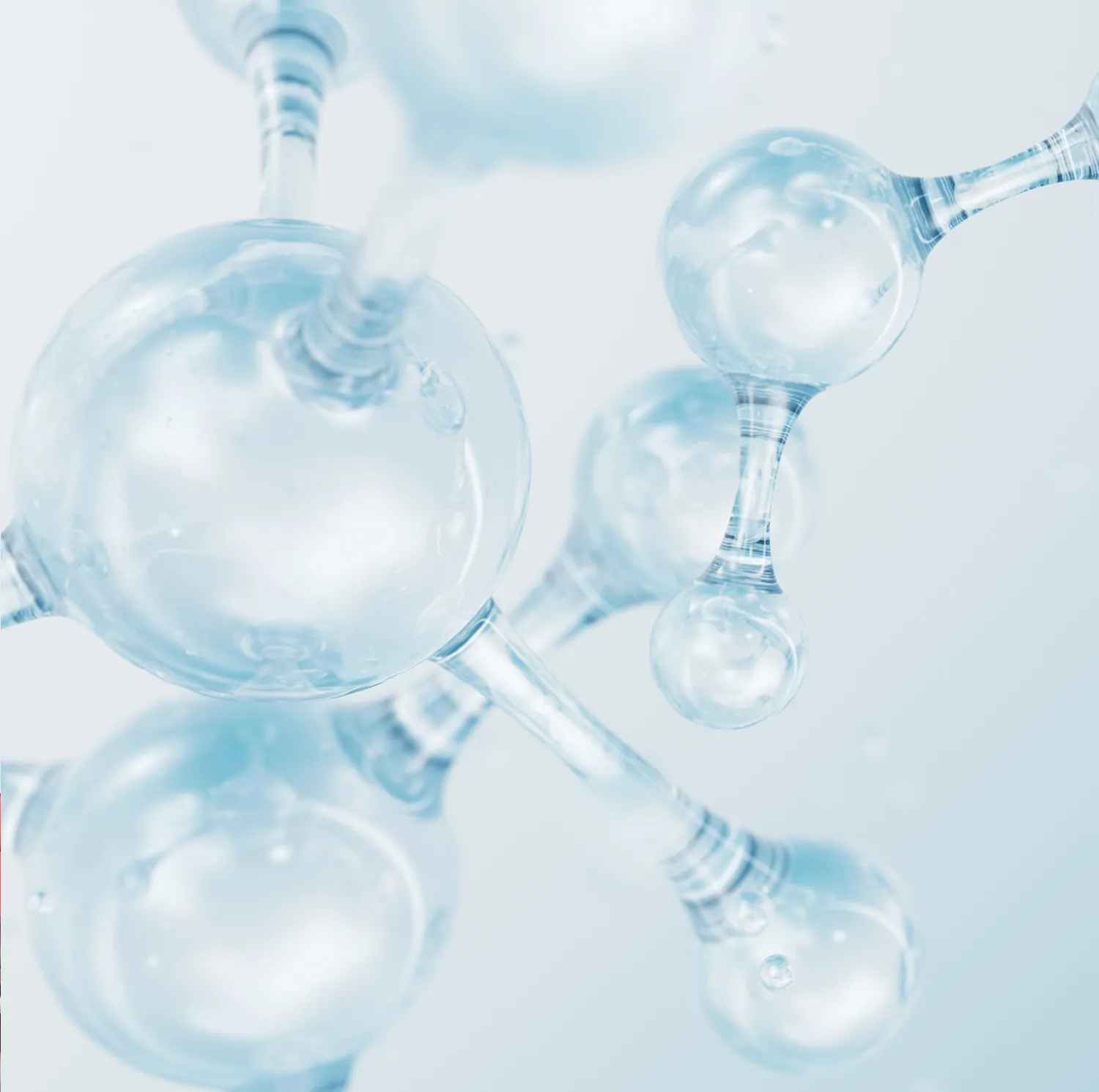 Close-up illustration of transparent water molecules connected by bonds on a light blue background.