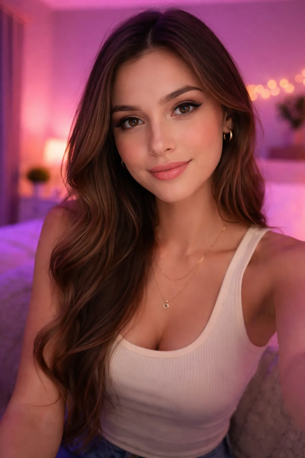 A beautiful young woman sitting on top of a couch.