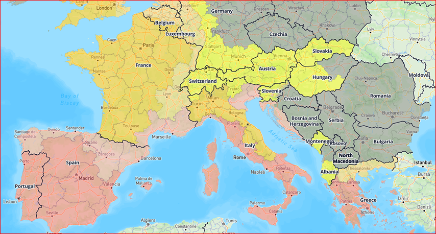 Map of Europe showing countries color-coded by travel suitability with legends from Great to No Fit and highlighting Italy as the trip destination.