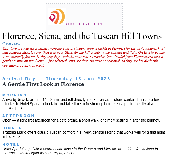 VoyLogic trip itinerary interface showing attraction categories and details for a Toscana, Italy trip including San Gimignano, Castello Banfi, Palio di Siena, Uffizi Gallery, and Terme di Saturnia with interest star ratings.
