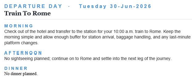 VoyLogic trip itinerary interface showing attraction categories and details for a Toscana, Italy trip including San Gimignano, Castello Banfi, Palio di Siena, Uffizi Gallery, and Terme di Saturnia with interest star ratings.