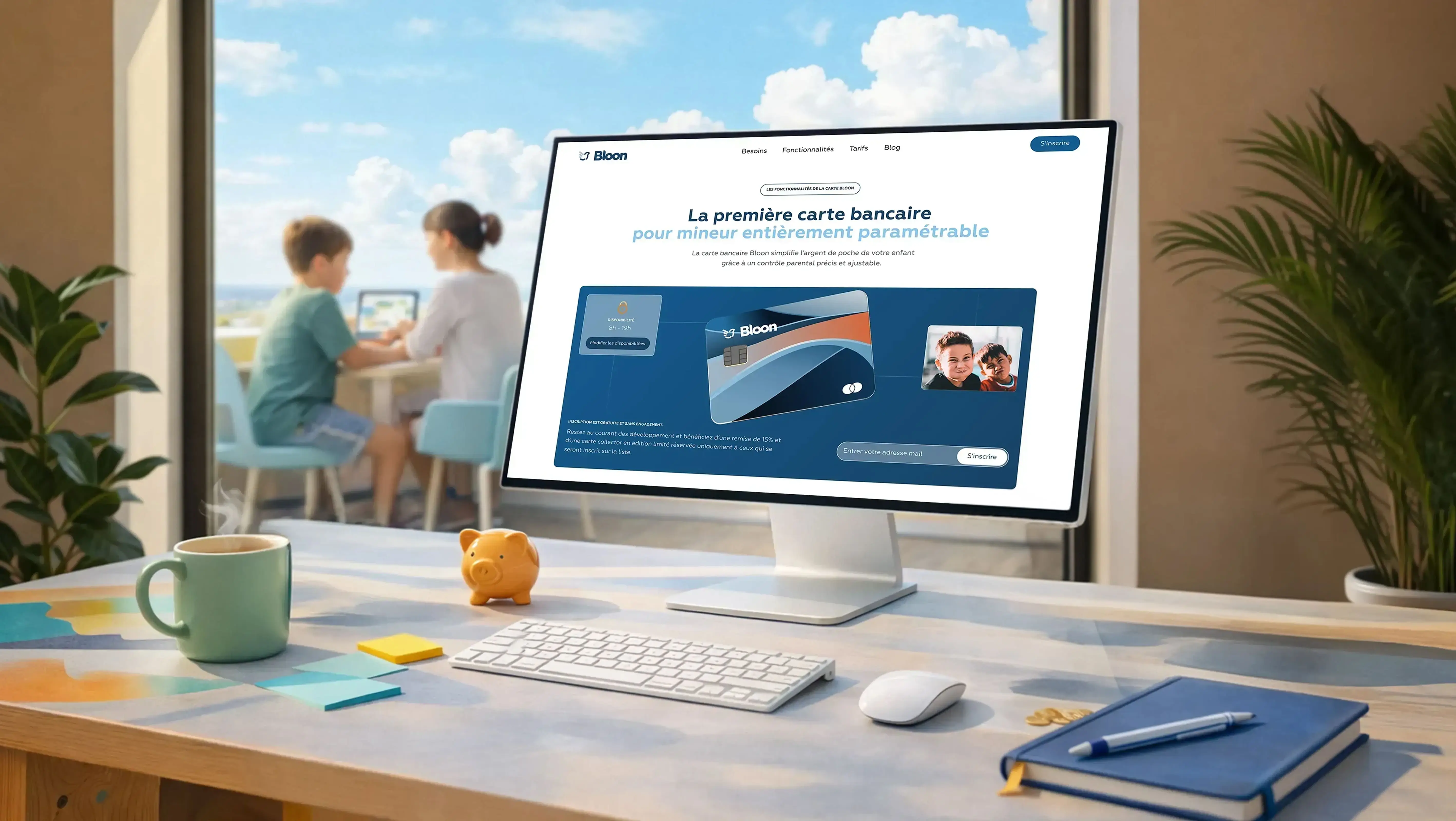 Mockup du site Bloon affiché sur un iMac dans un bureau lumineux, avec la carte bancaire pour enfant et une interface de contrôle parental visible à l'écran