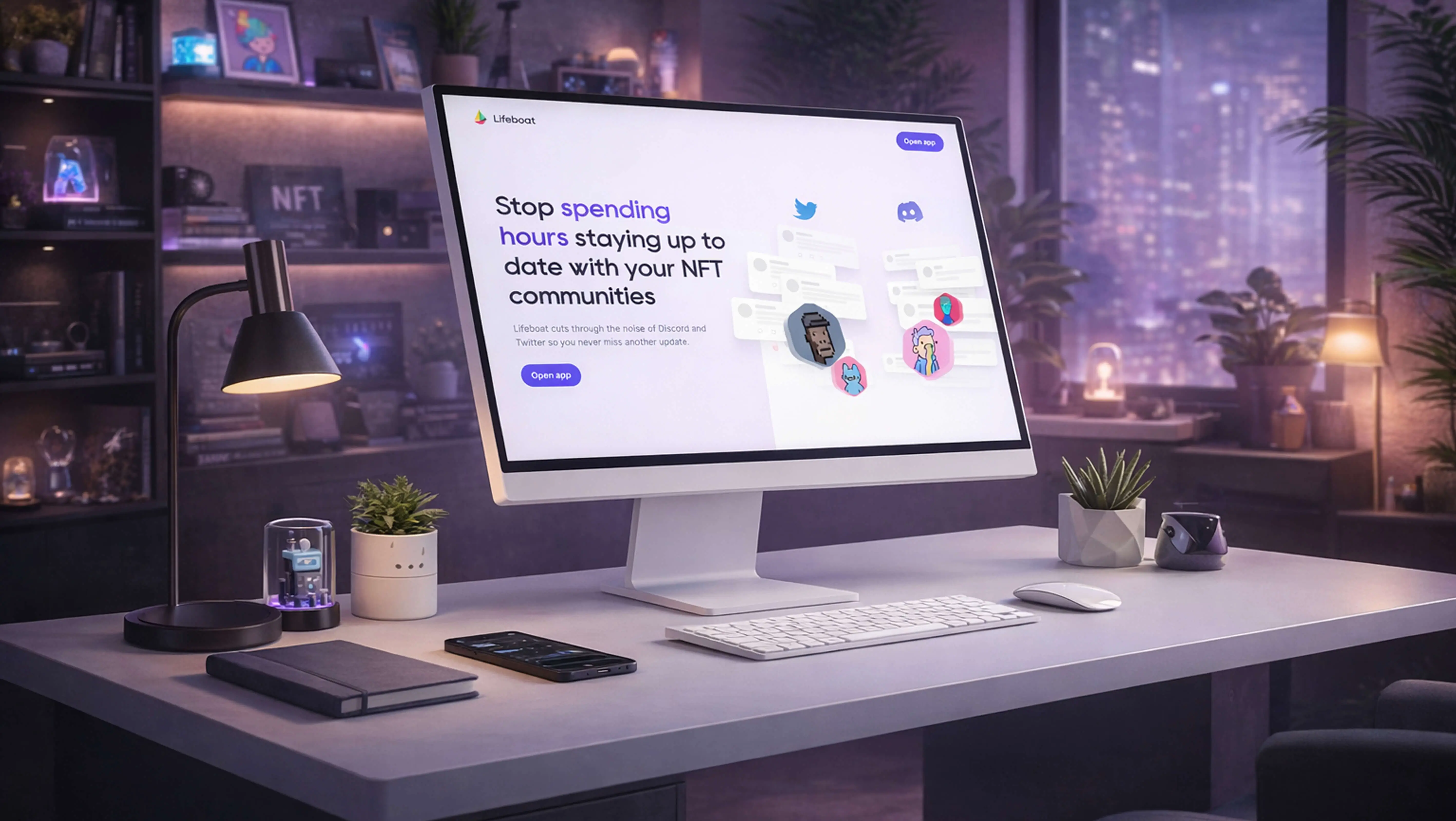 Mockup du site Lifeboat affiché sur un iMac dans un bureau violet aux ambiances NFT, avec une interface de suivi de communautés NFT visible à l'écran