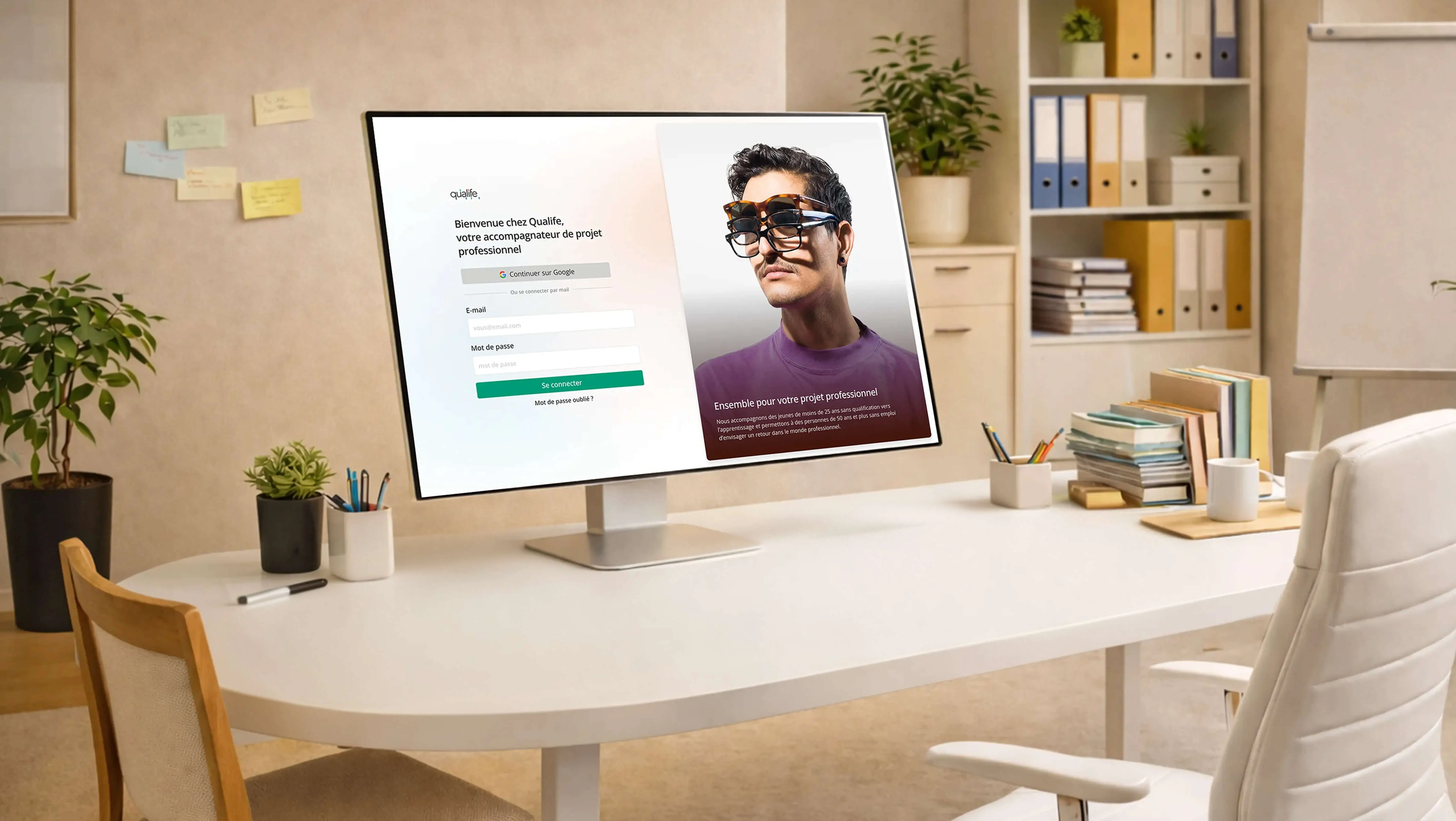 Mockup de l'interface Qualife affichée sur un écran dans un bureau lumineux, avec une page de connexion et un accompagnateur de projet professionnel visible à l'écran