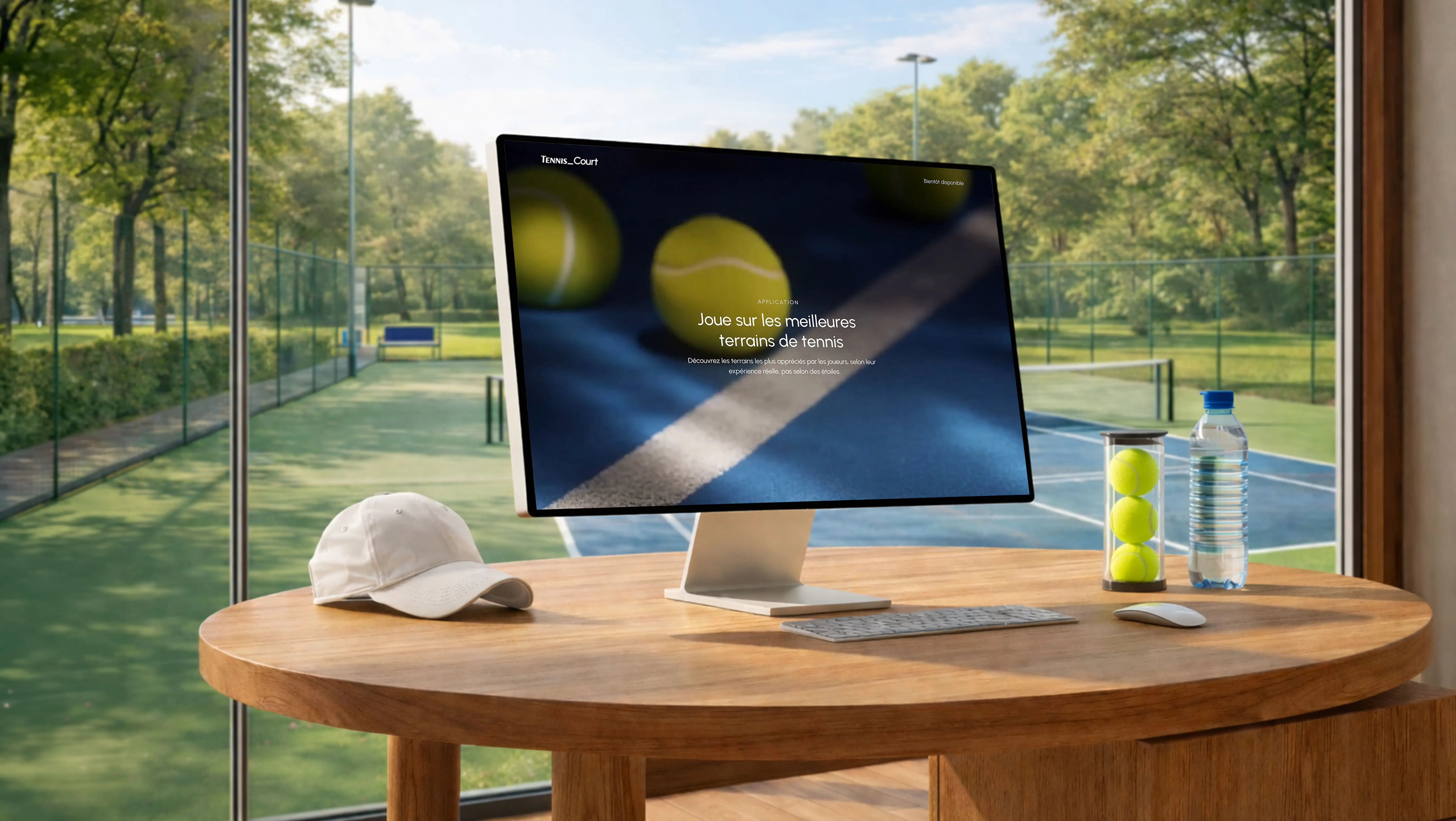 Mockup du site Tennis Court affiché sur un iMac, posé sur un bureau en bois face à un terrain de tennis