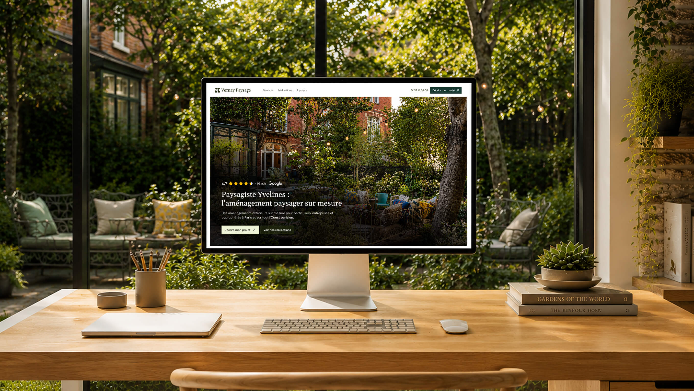 Mockup du site Vernay Paysage affiché sur un iMac, posé sur un bureau en bois face à un aménagement extérieur
