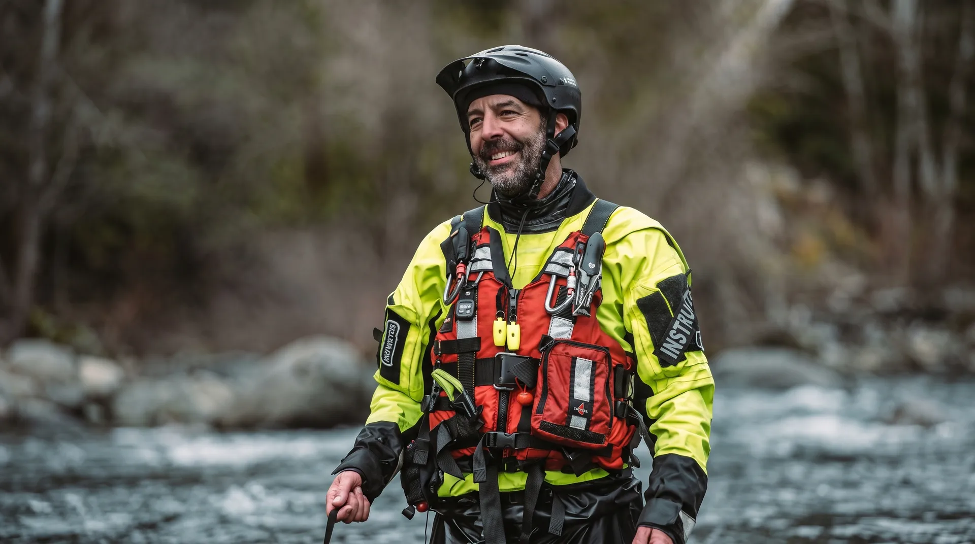 Smiling swiftwater rescue instructor in a helmet, drysuit and rescue vest standing beside a river