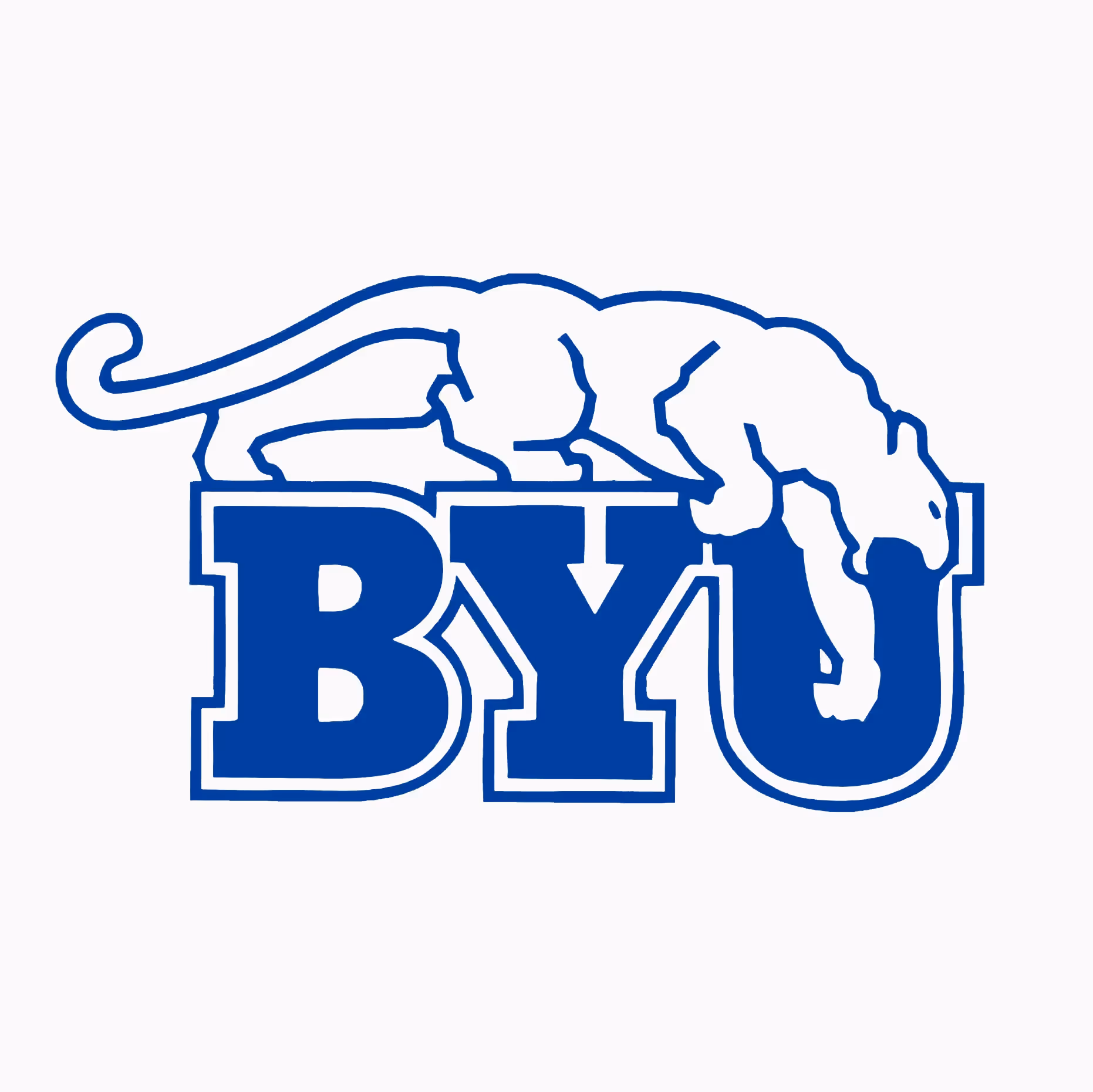 Blue BYU letters with a cougar stretching across the top of the letters.