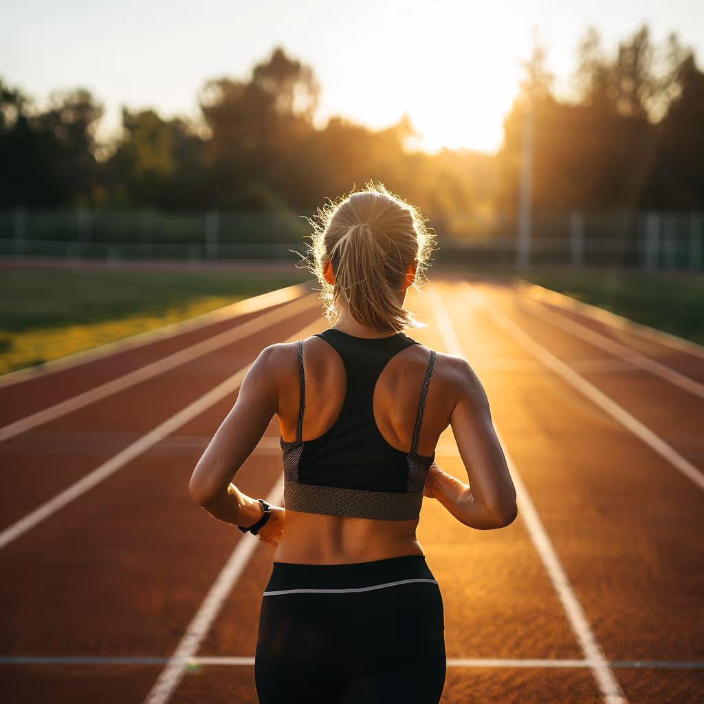 Woman in athletic wear jogging on a running track toward the sunset.