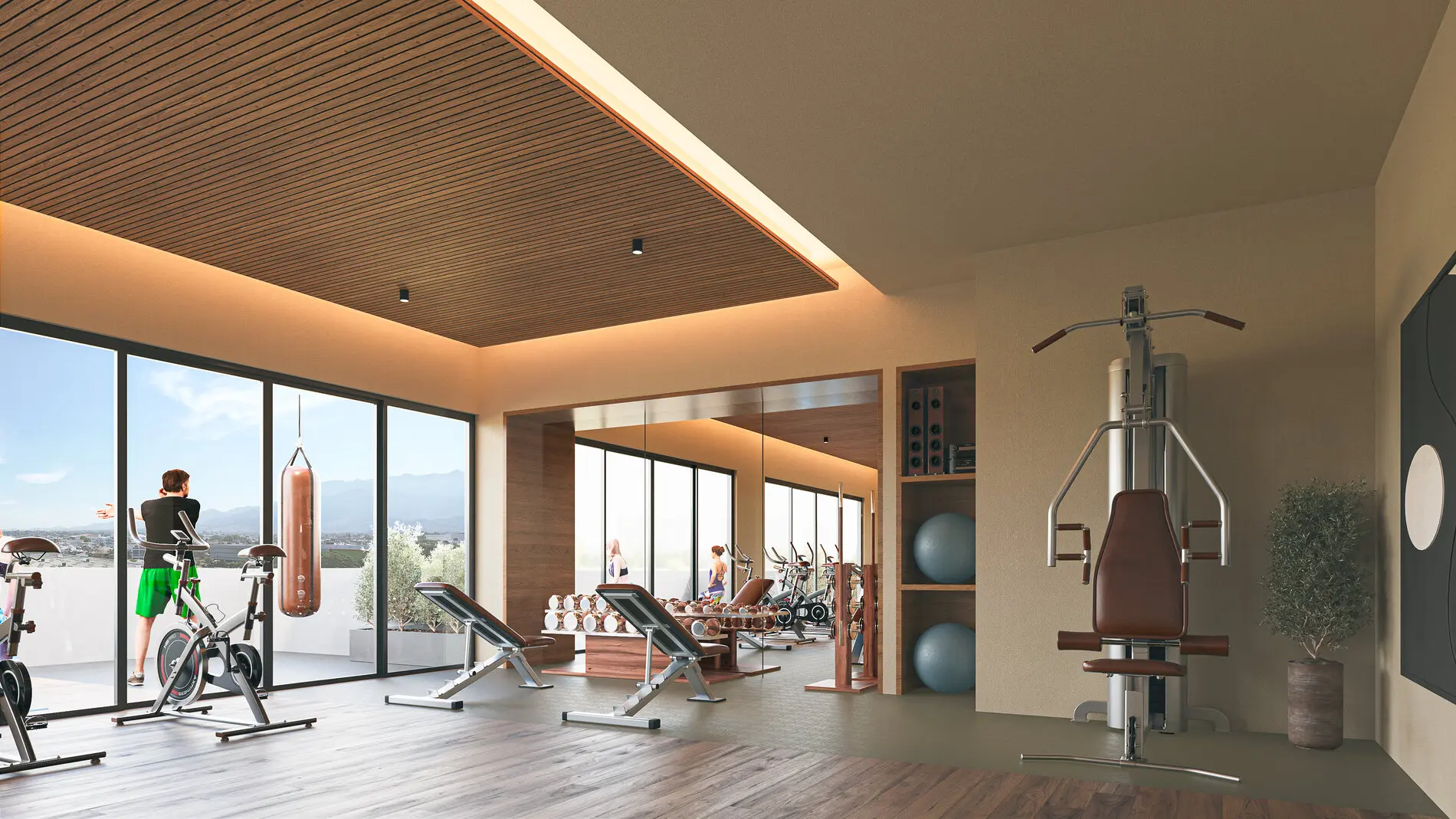 State-of-the-art fitness center at Terra 242 with ocean views and modern workout equipment.