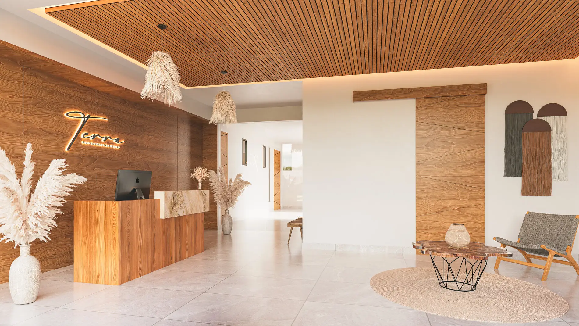 Luxury lobby entrance at Terra 242 development featuring organic coastal design and professional reception.