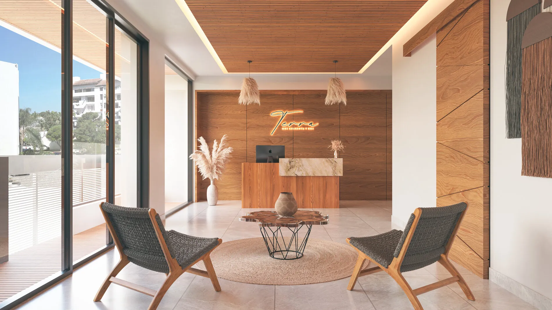 Luxury lobby entrance at Terra 242 development featuring organic coastal design and professional reception.