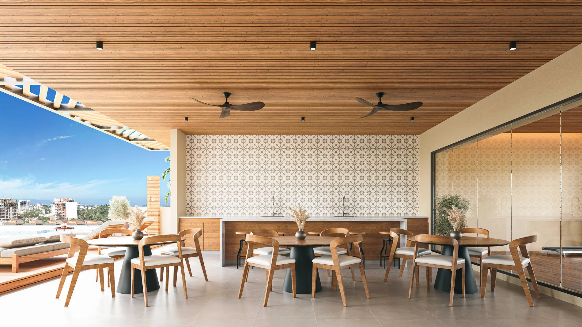 Outdoor social area and bar at Terra 242, perfect for entertaining in Puerto Vallarta's tropical climate.