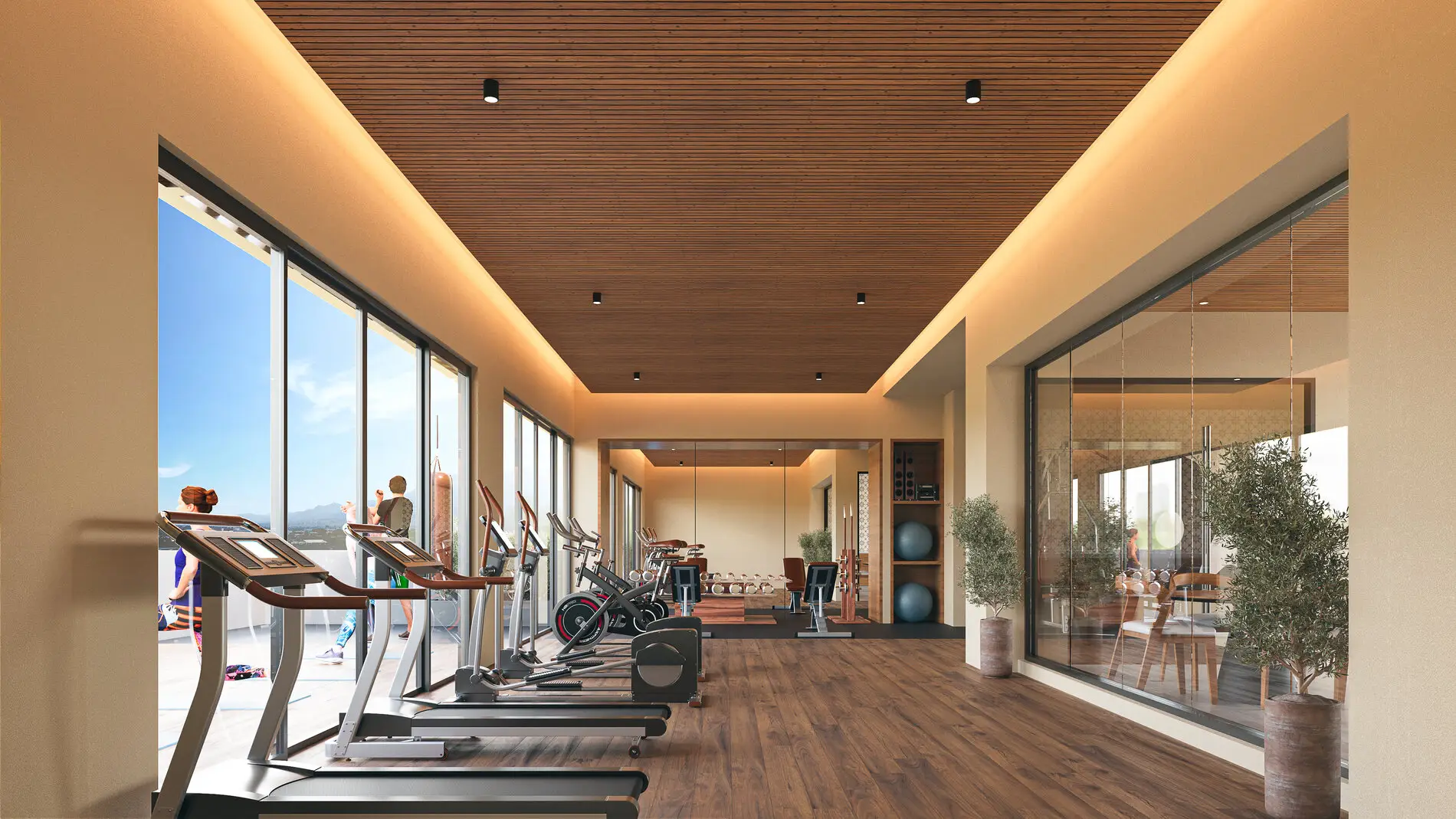 State-of-the-art fitness center at Terra 242 with ocean views and modern workout equipment.