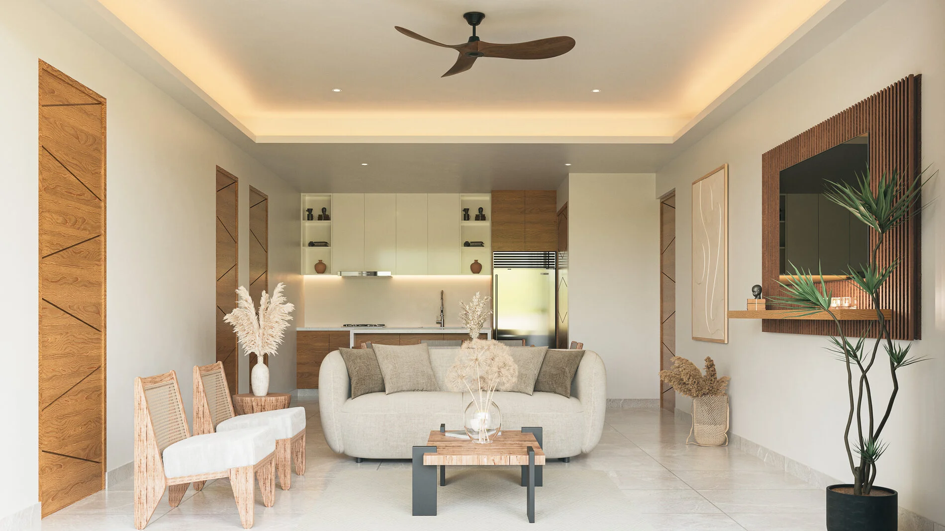 Modern open-concept kitchen and dining area at Terra 242 featuring high-end finishes and minimalist design.