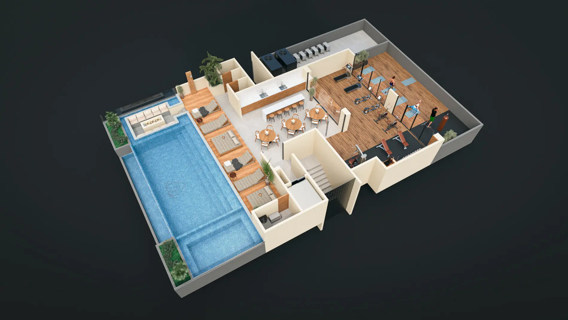 3D architectural layout of Terra 242 rooftop amenities, highlighting the luxury lifestyle spaces.
