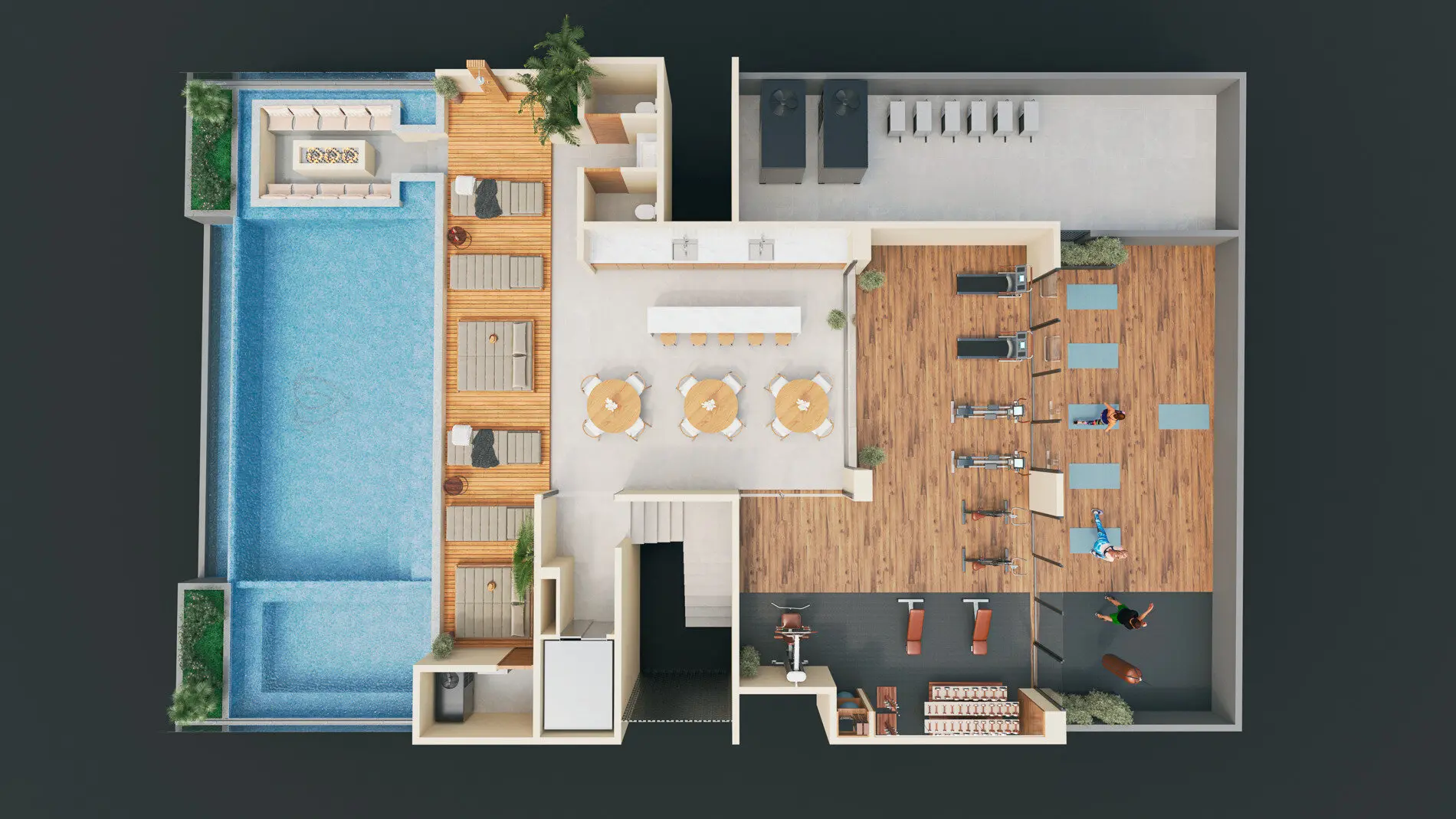 Top-down layout of Terra 242 rooftop amenities including gym, pool, and lounge areas.