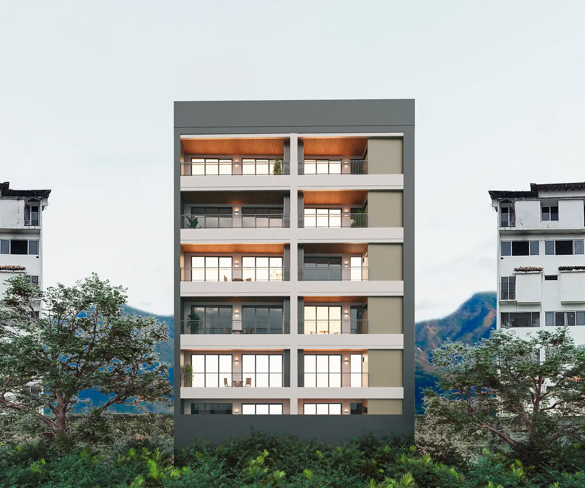 Rear architectural perspective of Terra 242, showcasing integrated greenery and contemporary urban style.