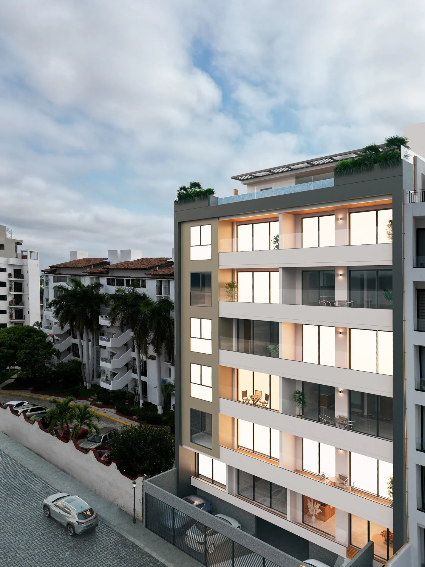 Exterior architectural view of Terra 242 luxury condos, highlighting the modern balcony design in Puerto Vallarta.
