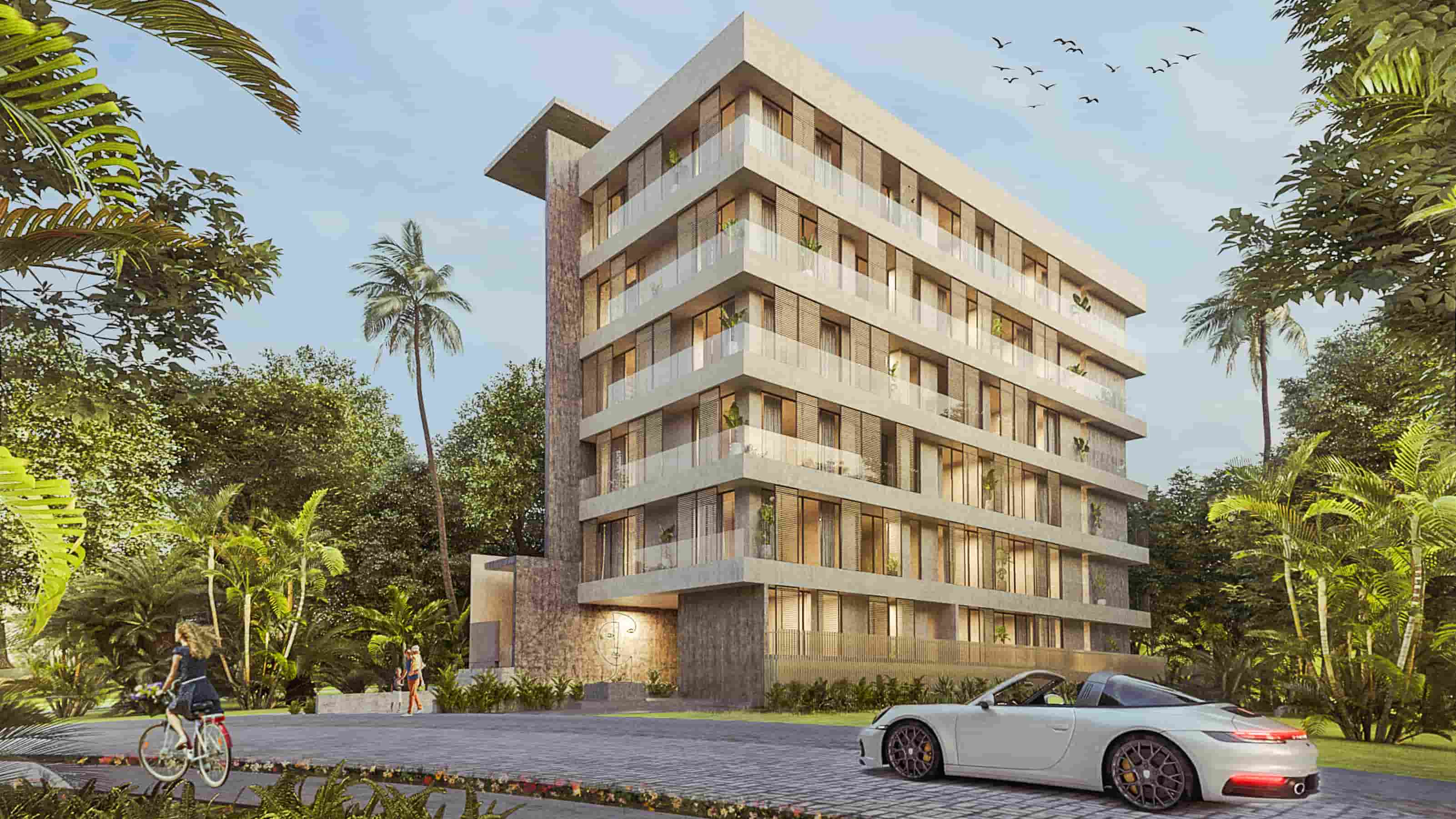 Architectural render of the modern exterior facade of Batros Marina Residences, showcasing upscale residential design surrounded by tropical palm trees.