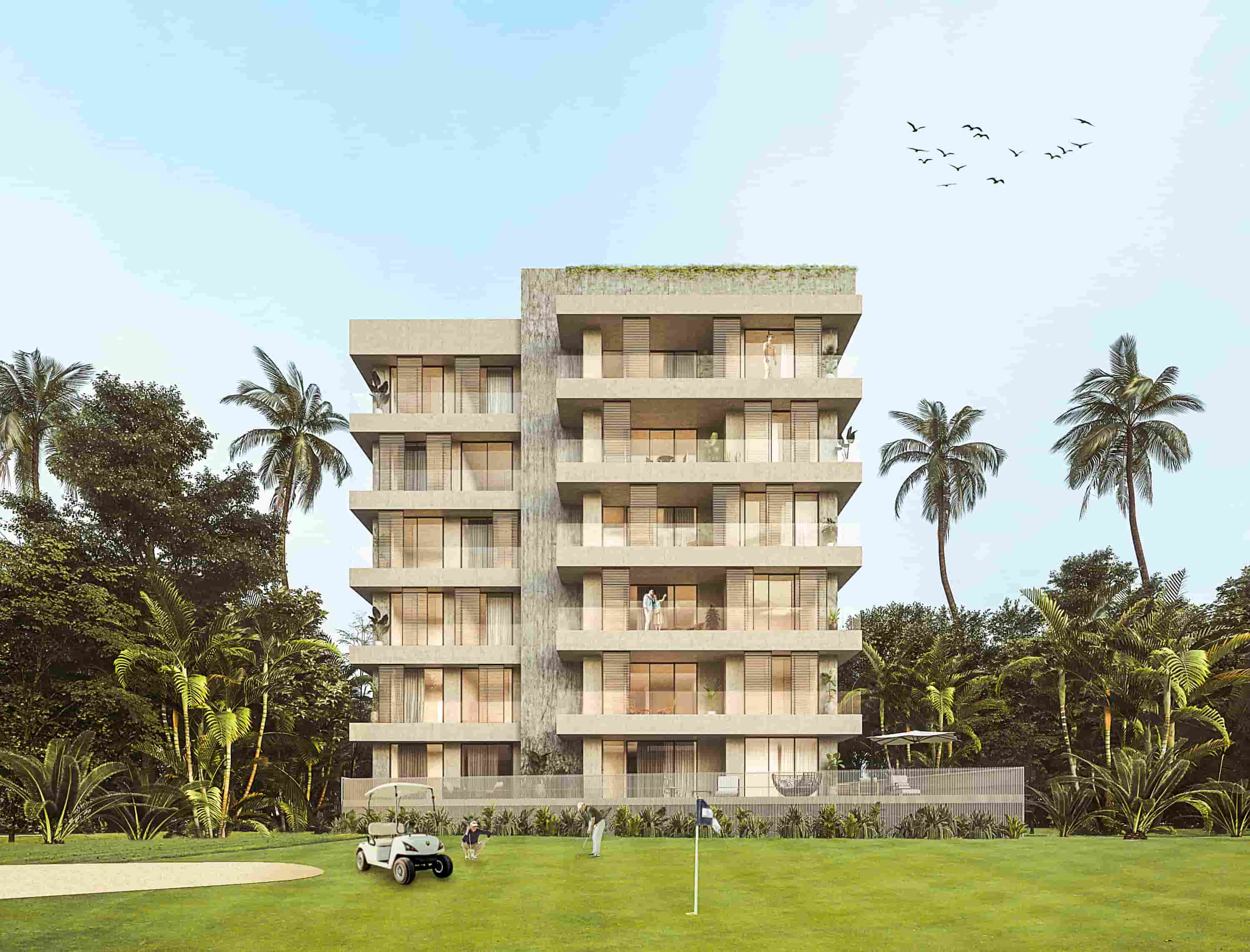Front facade visualization of Batros Marina Residences under bright daylight, emphasizing clean lines, spacious balconies, and modern architecture.