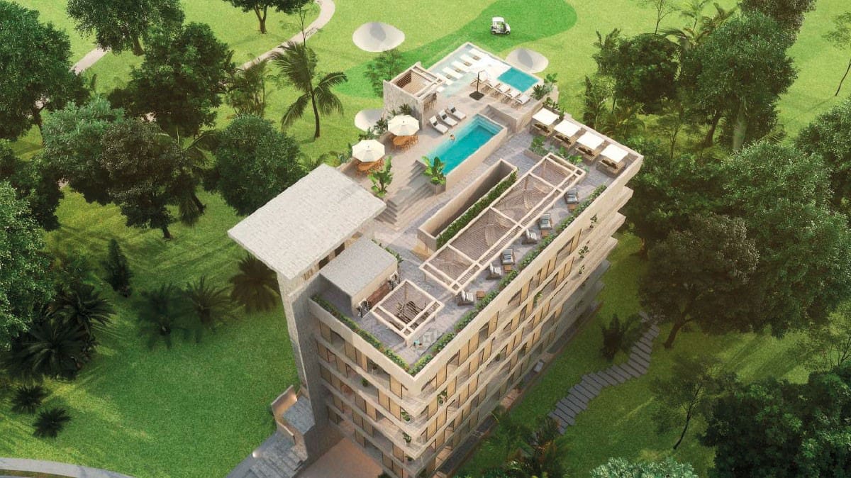 Aerial bird's-eye view render of Batros Marina Residences, showcasing the exclusive rooftop amenities layout and its integration with nature.