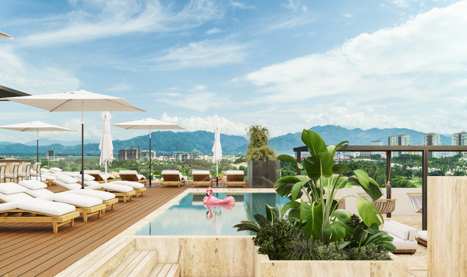 Luxury rooftop pool and sun deck concept at Batros Marina Residences, featuring comfortable lounge chairs and panoramic mountain views.