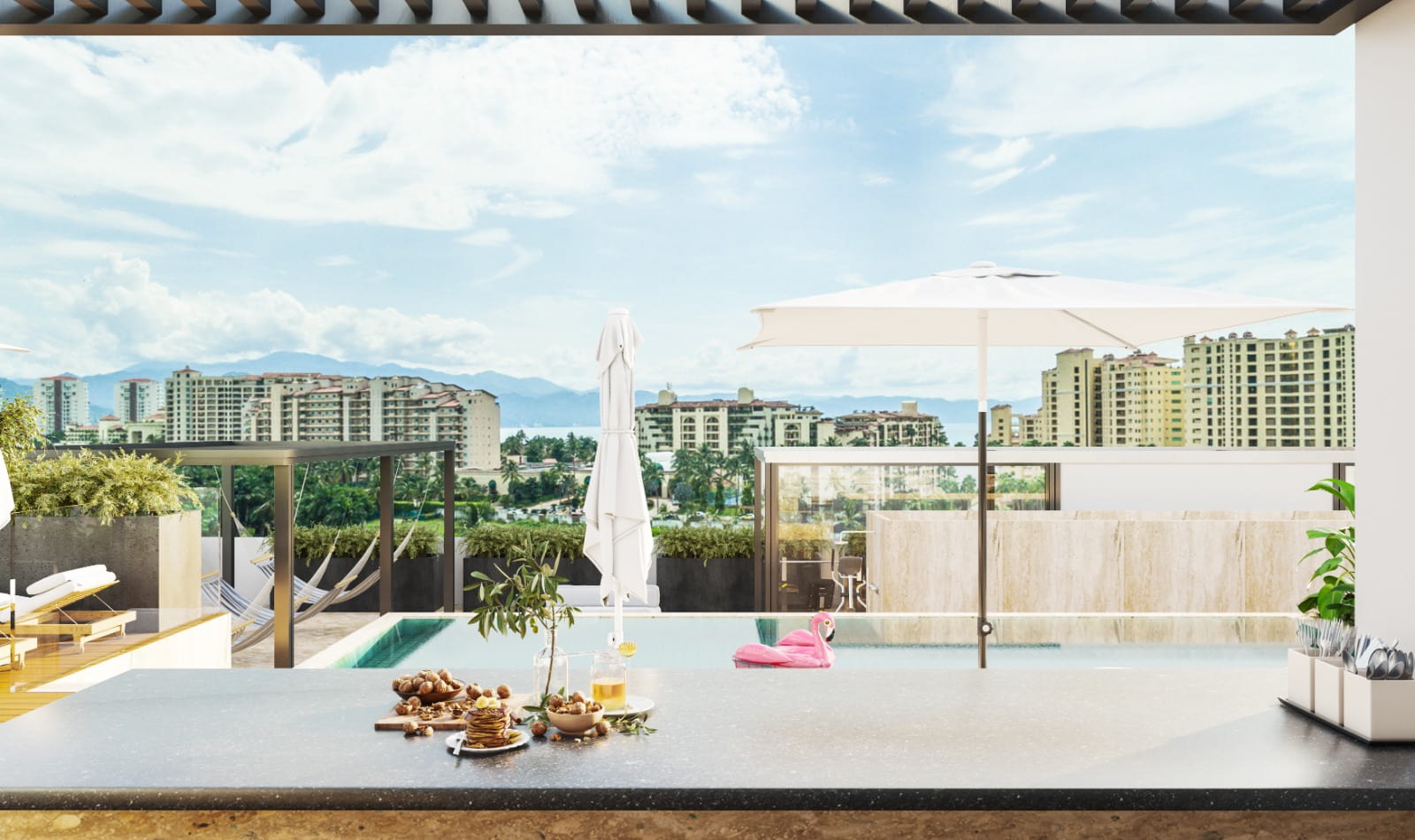 Rooftop terrace lounge design, showcasing an outdoor dining area and pristine glass railings for an uninterrupted view in Marina Vallarta.