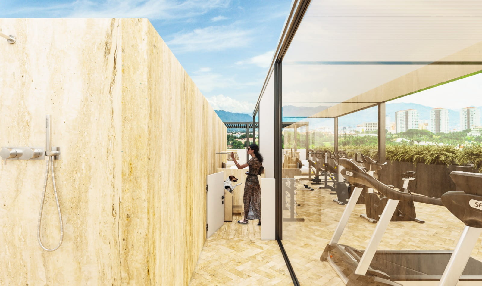 Shaded rooftop wellness area and terrace pathway, emphasizing natural wood structures and tropical vegetation.