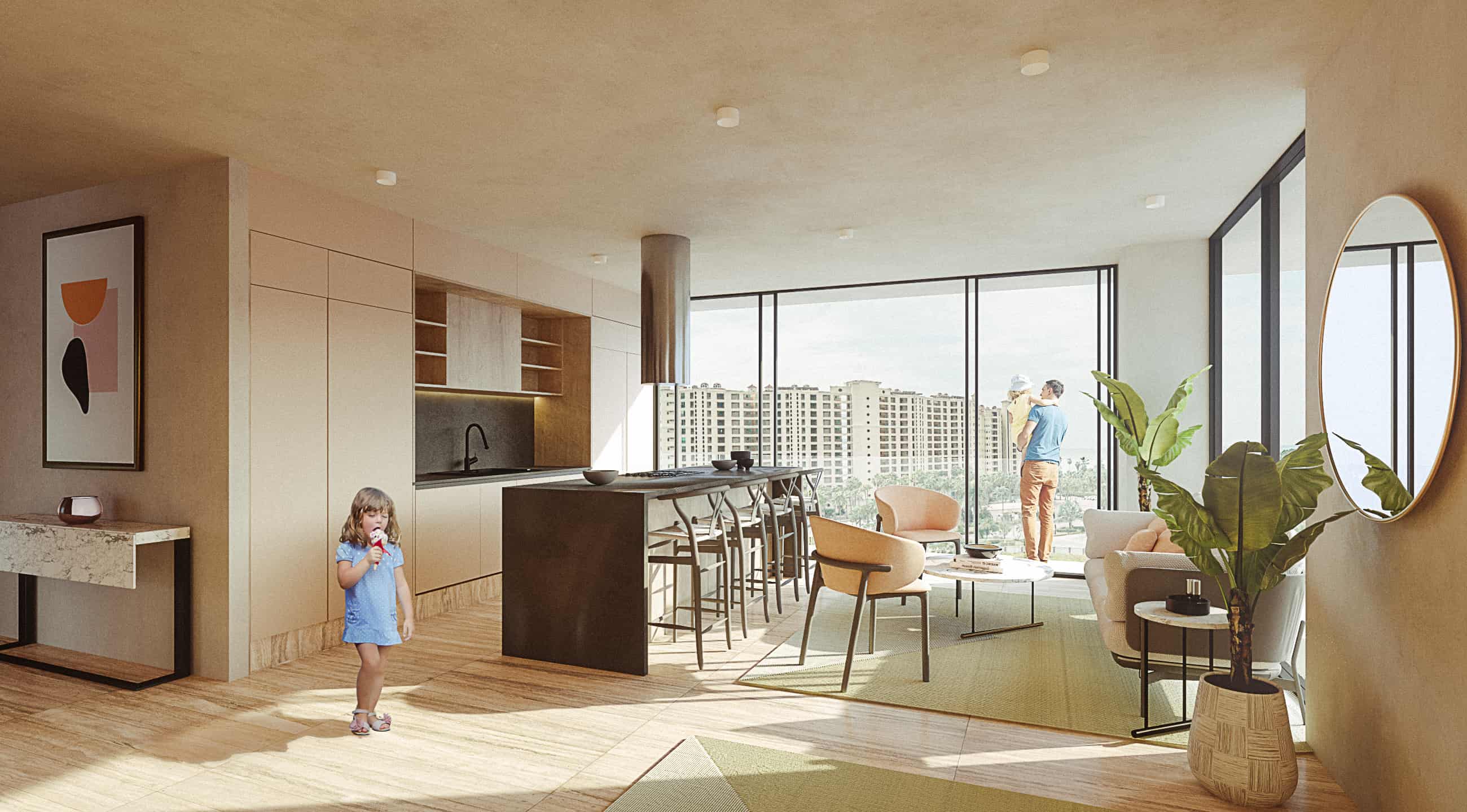 Spacious kitchen and dining area render, highlighting custom wood cabinetry, a premium cooking island, and modern integrated lighting.