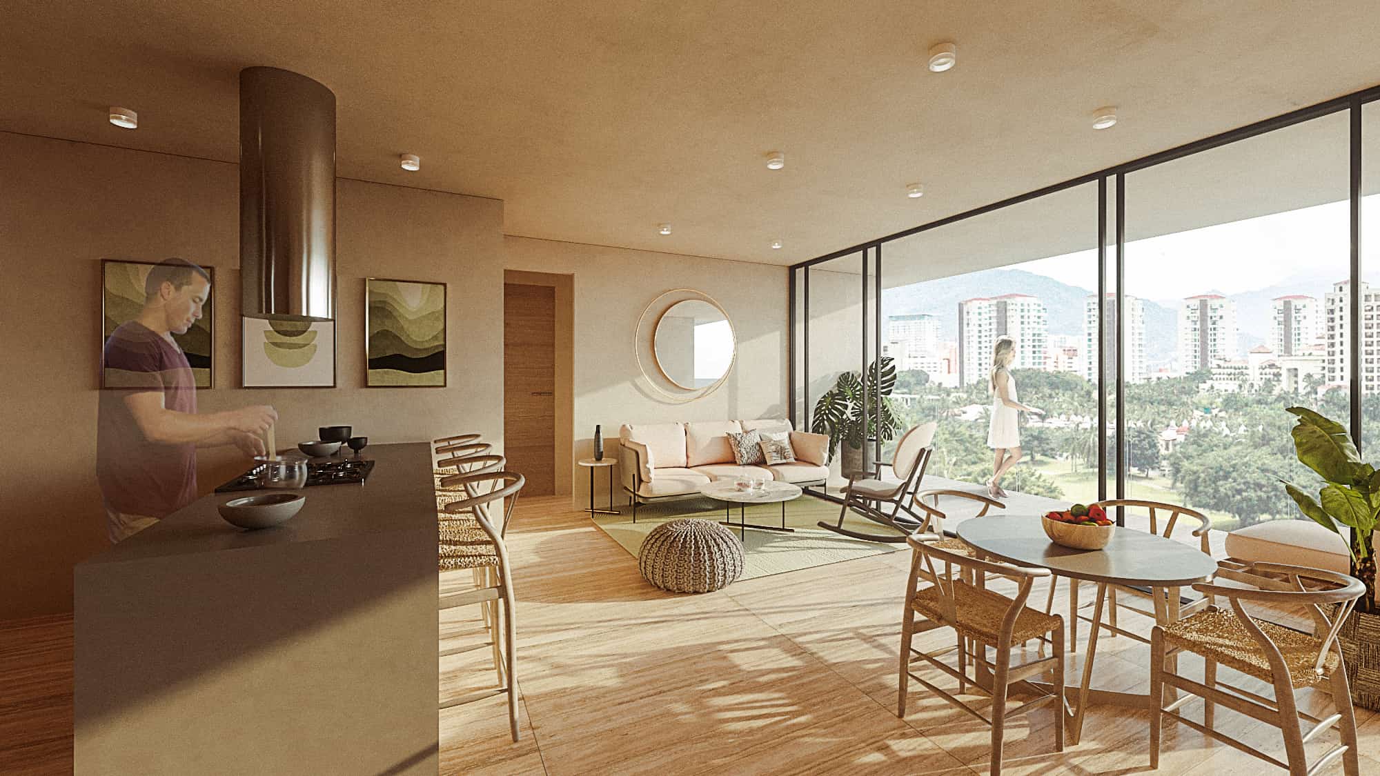 Turn-key interior design concept showing a seamless transition between the gourmet kitchen, dining table, and social living space.