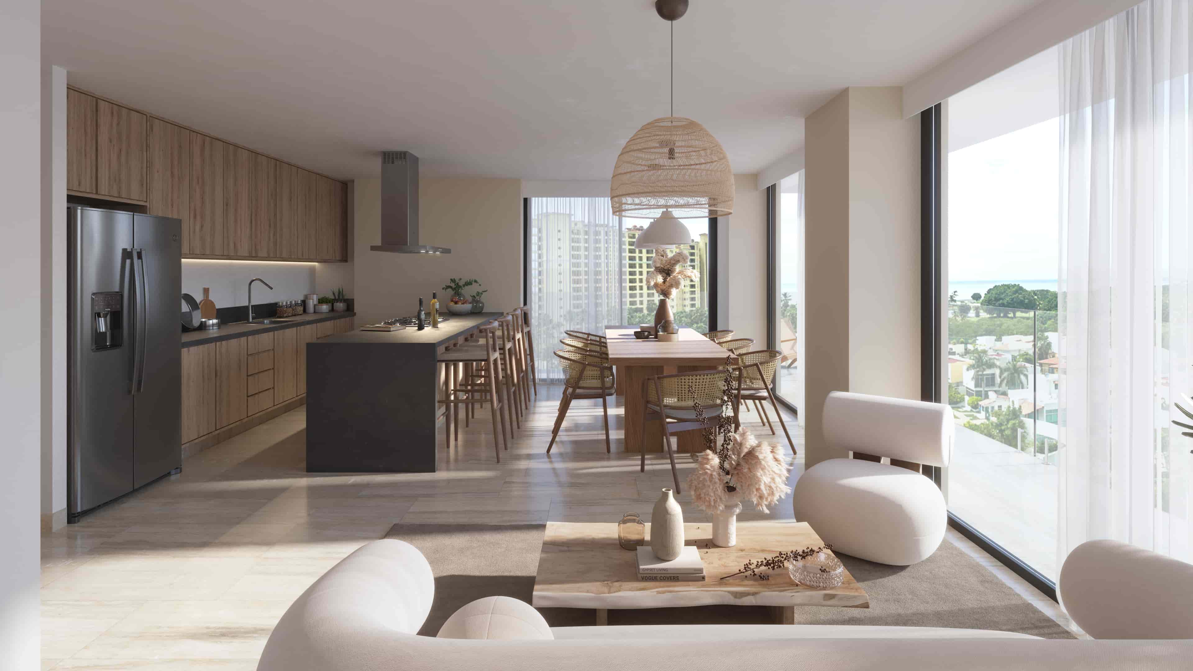 Wide-angle visualization of a luxury apartment interior at Batros Marina Residences, showcasing upscale finishes and natural textures.