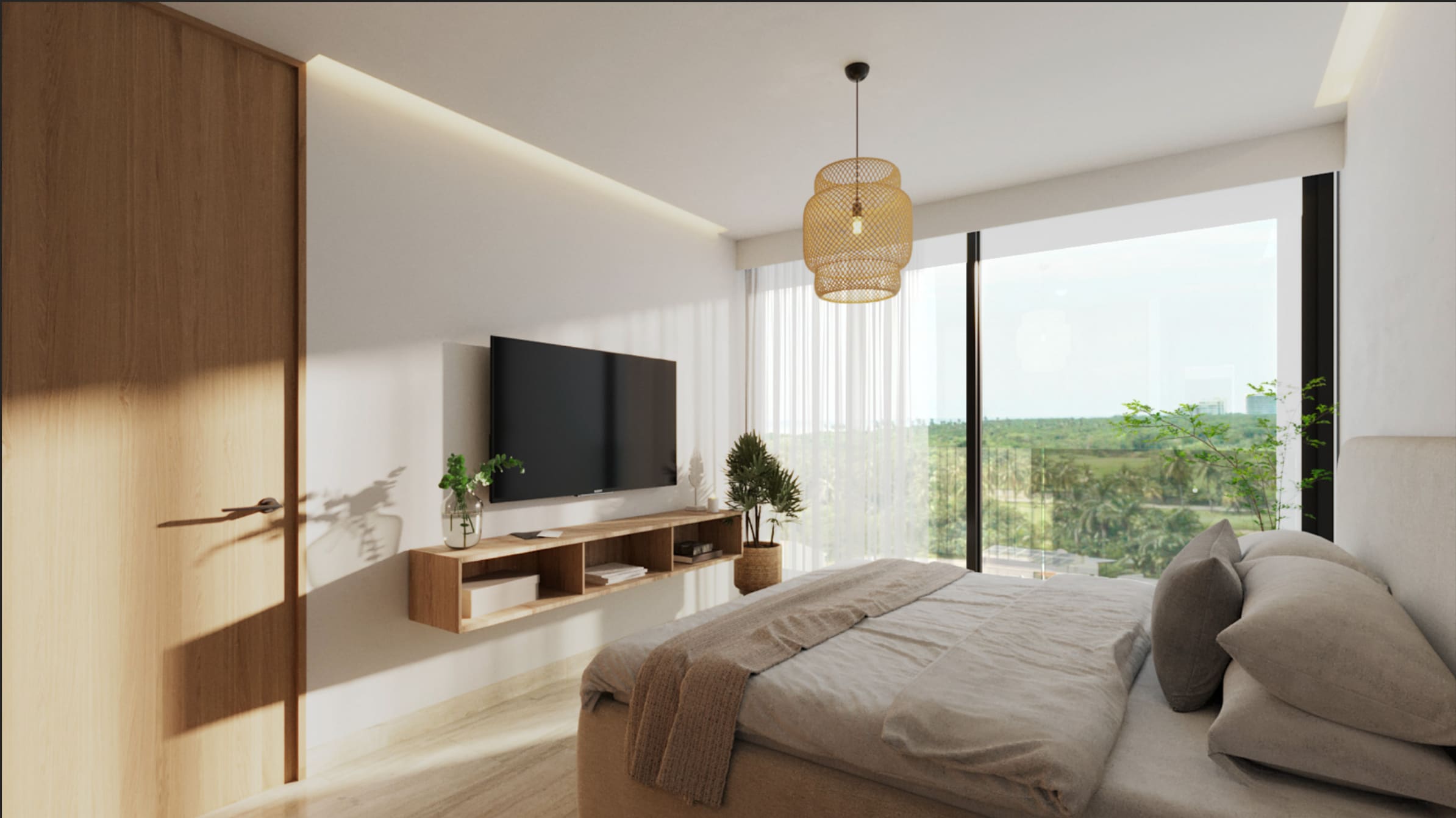 Stunning master bedroom render with floor-to-ceiling windows, offering panoramic green views and an integrated media center.
