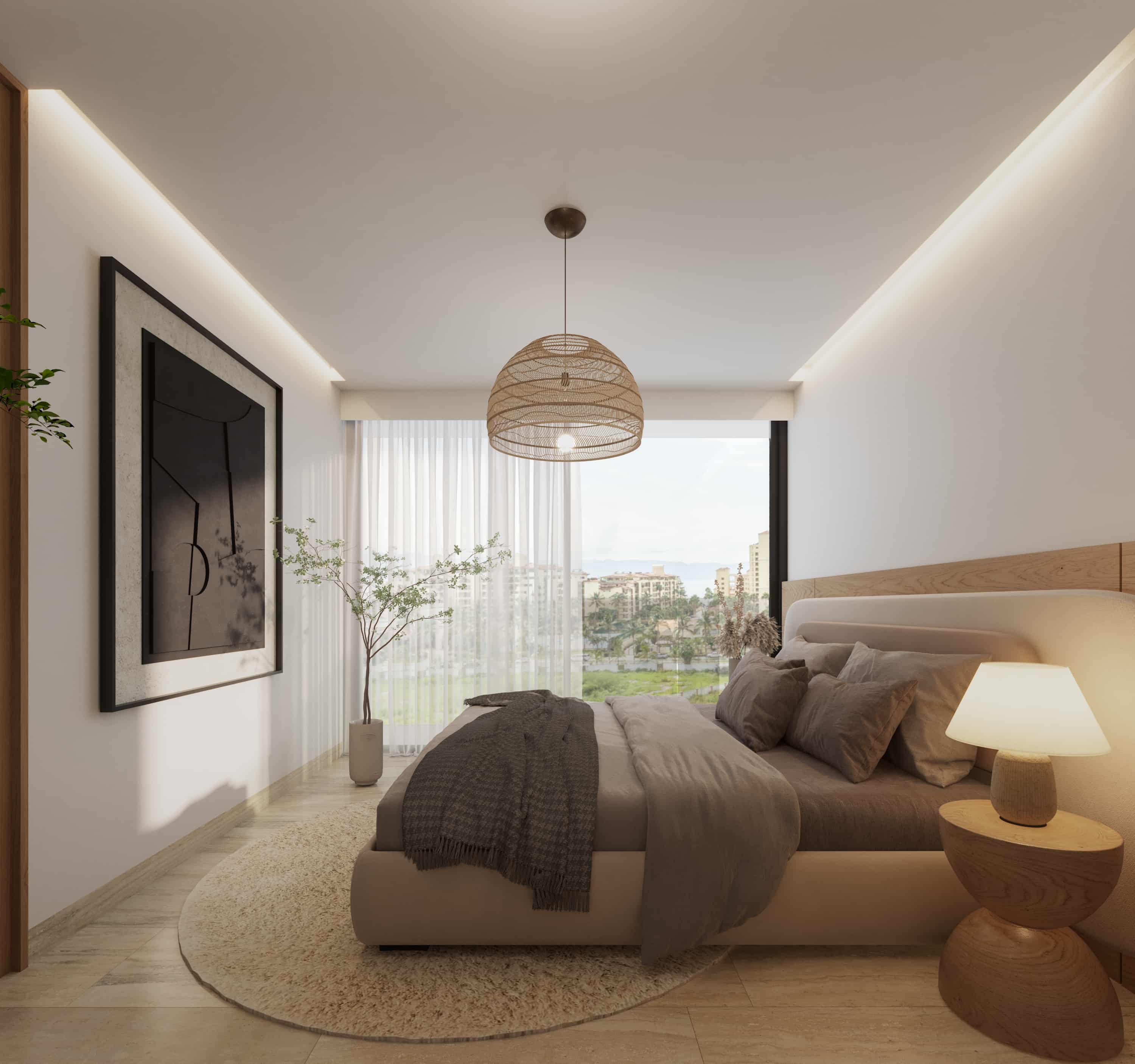 Elegant master suite design at Batros Marina Residences, emphasizing a plush bed layout, ambient tray lighting, and a sophisticated color palette.
