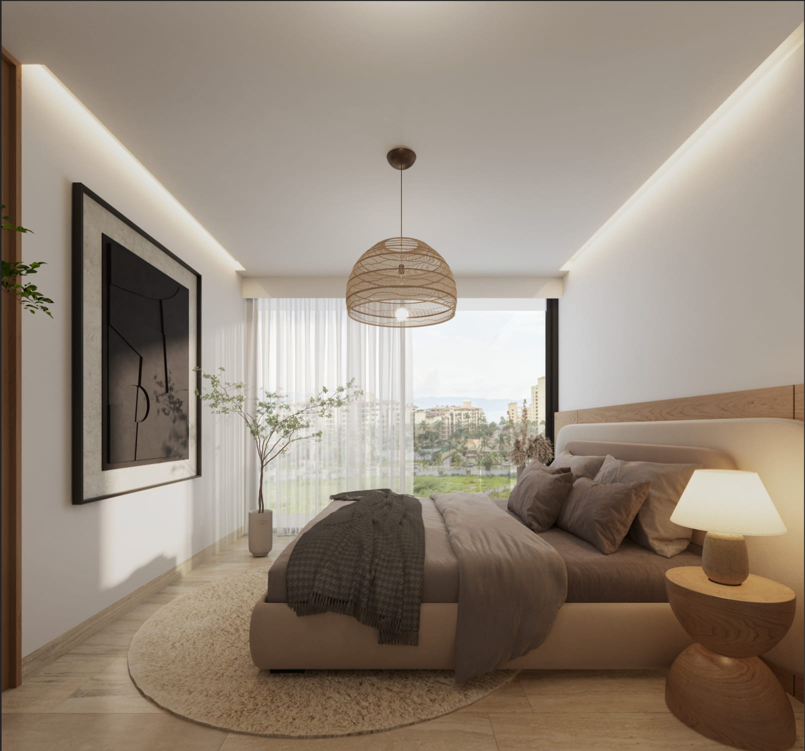 Alternative view of the luxurious master bedroom, showcasing ample space, a custom headboard, and seamless connection to nature.