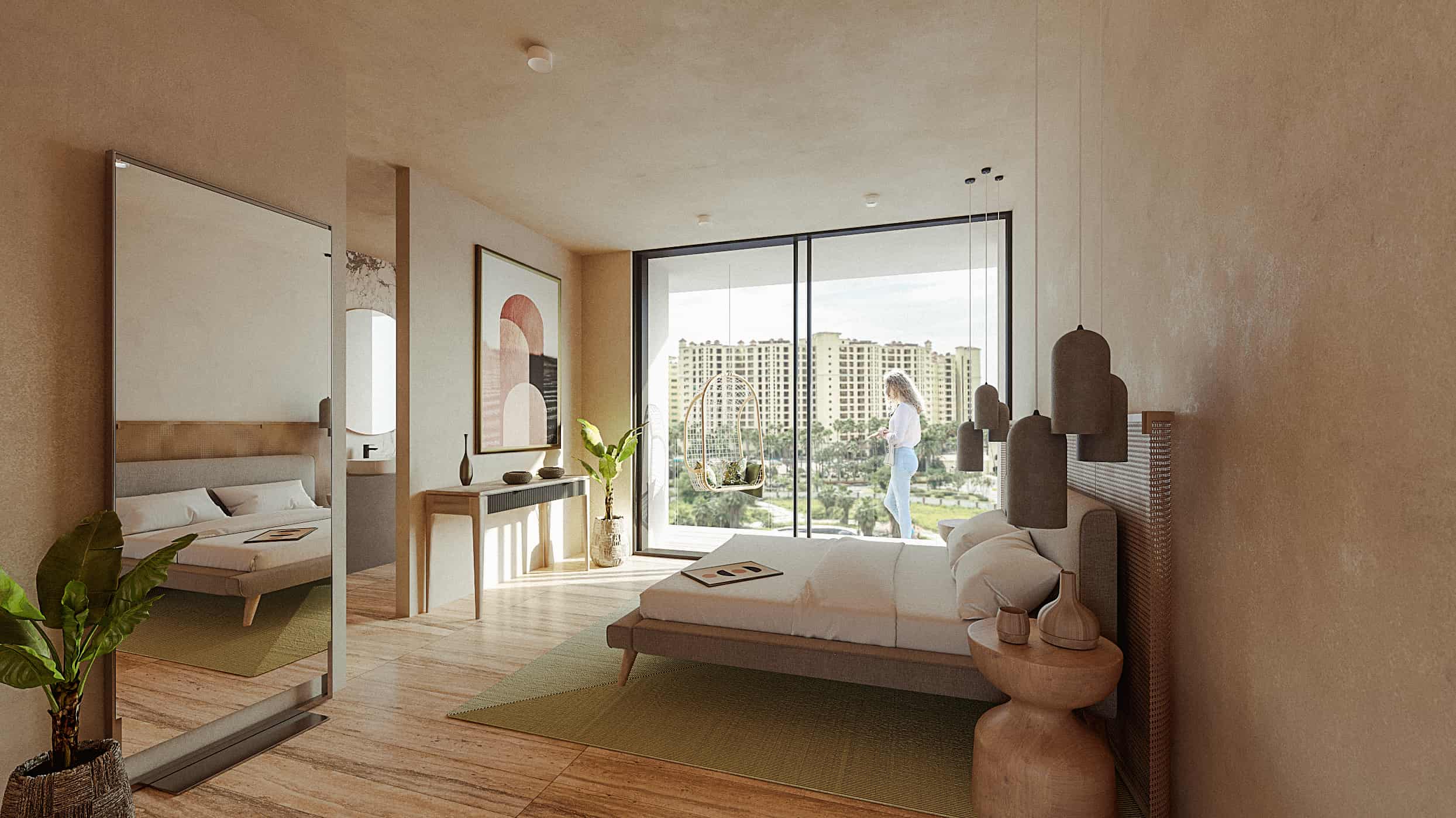 Spacious, modern bedroom render at Batros Marina Residences, featuring a large floor-to-ceiling window, elegant accent decor, and a stylish full-length mirror.