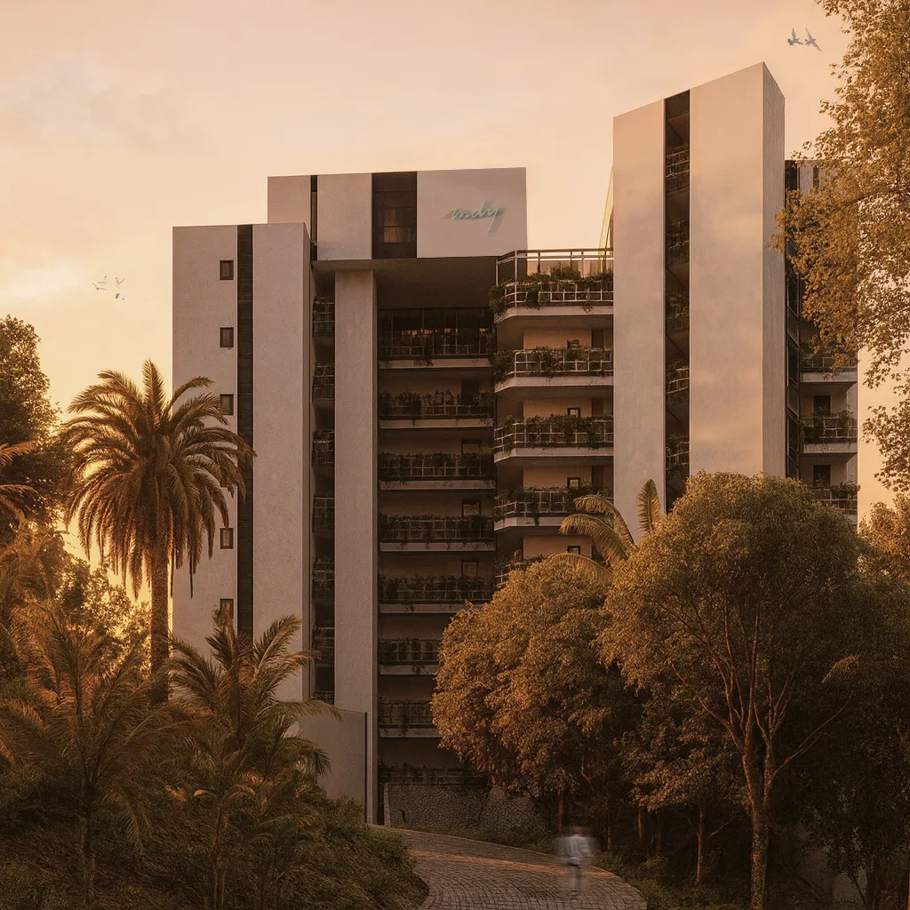 Main facade architectural render at sunset of the MDY development in Puerto Vallarta, showcasing modern luxury architecture surrounded by tropical jungle.