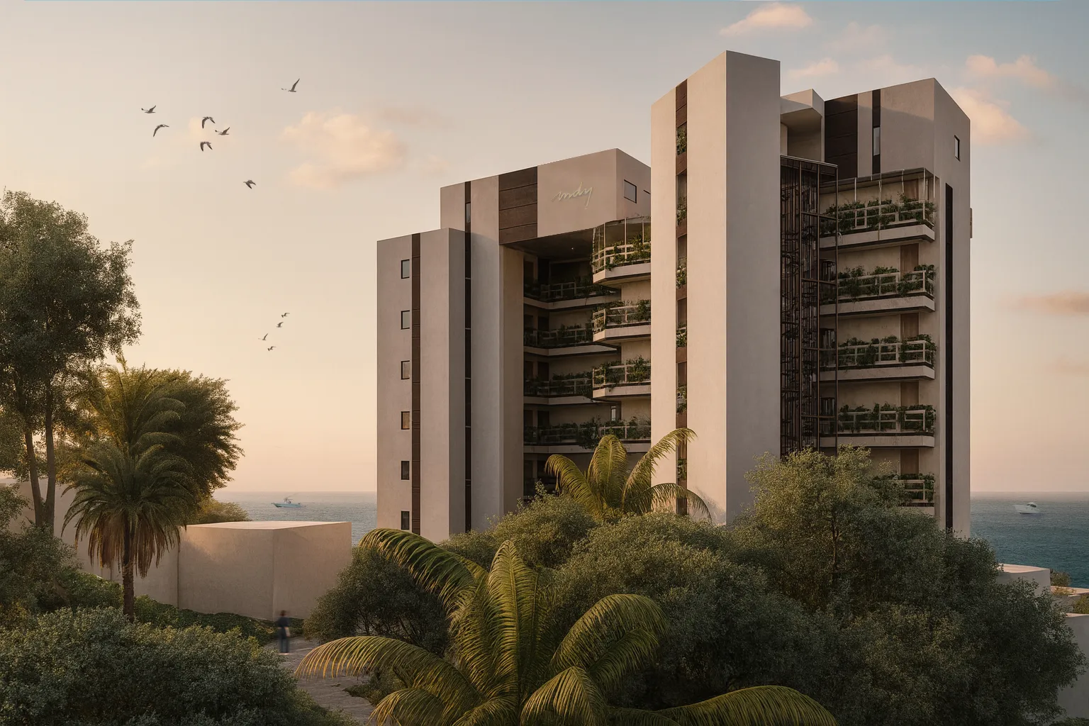 Architectural perspective of the MDY building integrated into the mountain, highlighting private balconies and lush vegetation at sunset with ocean views.