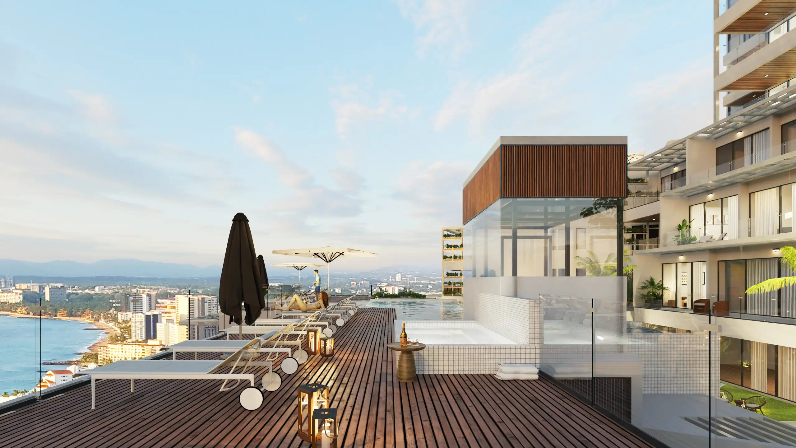 Rooftop lounge terrace at sunset in MDY, offering premium relaxation spaces and spectacular views of the Mexican Pacific.