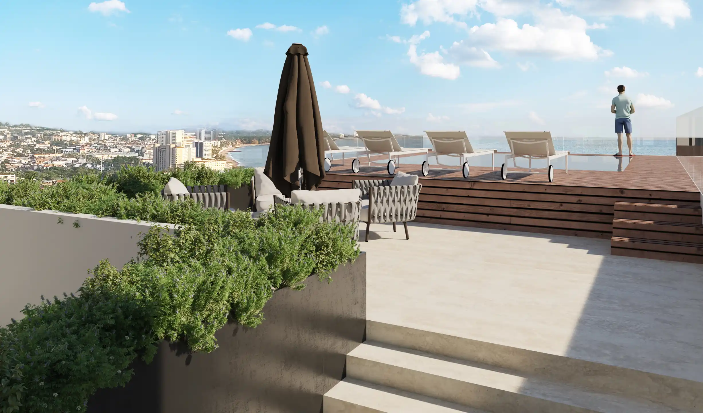 Wide shot of the relaxation area and sunbeds by the rooftop pool at MDY, ideal for investors looking for vacation properties in Puerto Vallarta.