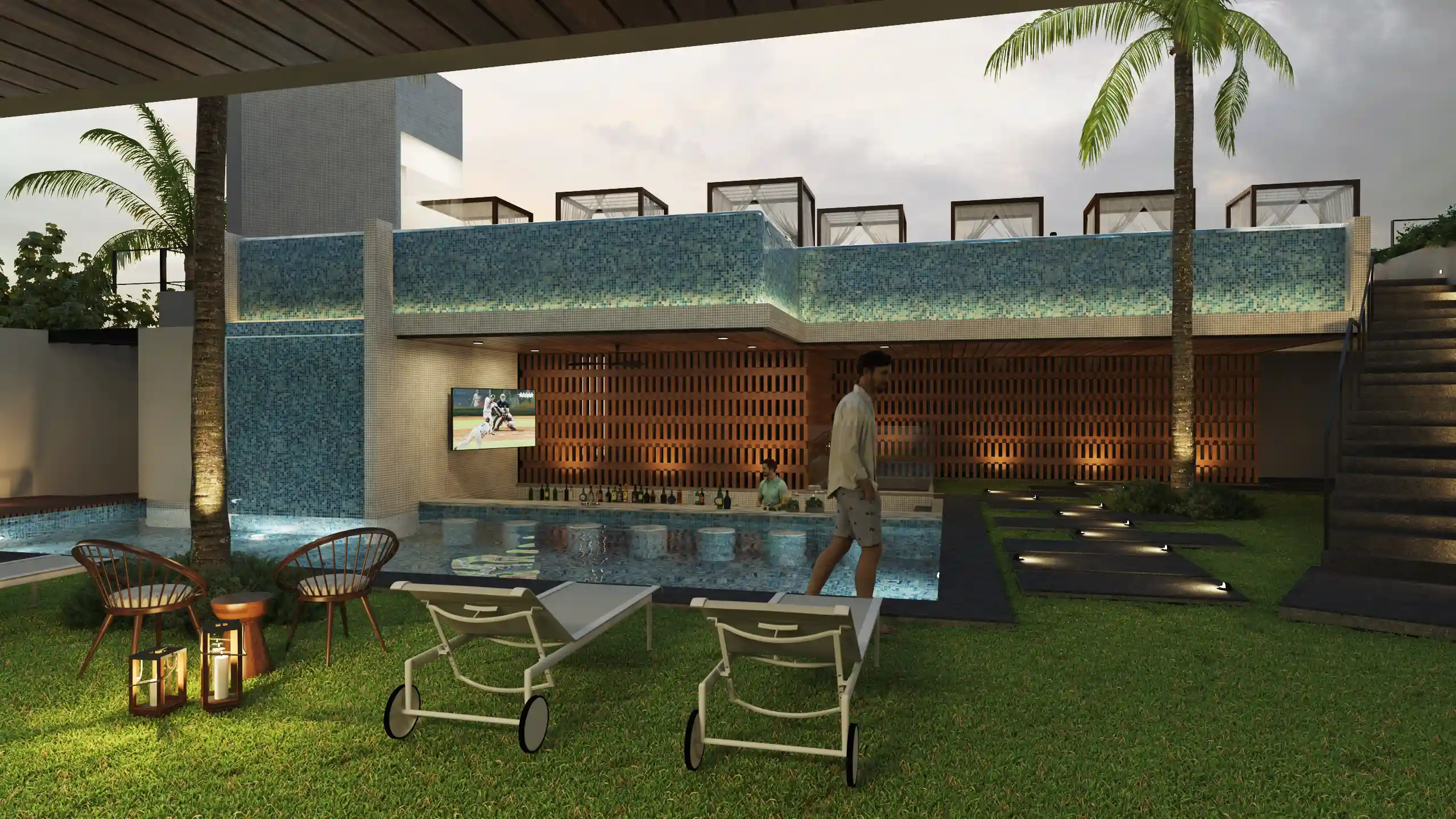 Architectural render of the garden and outdoor relaxation area at MDY, a sanctuary integrated into nature on the coast of Jalisco.