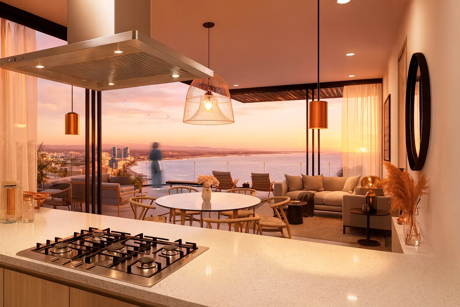 Modern luxury kitchen with warm tones and an illuminated breakfast bar in an MDY apartment, reflecting the high-end design of the development.