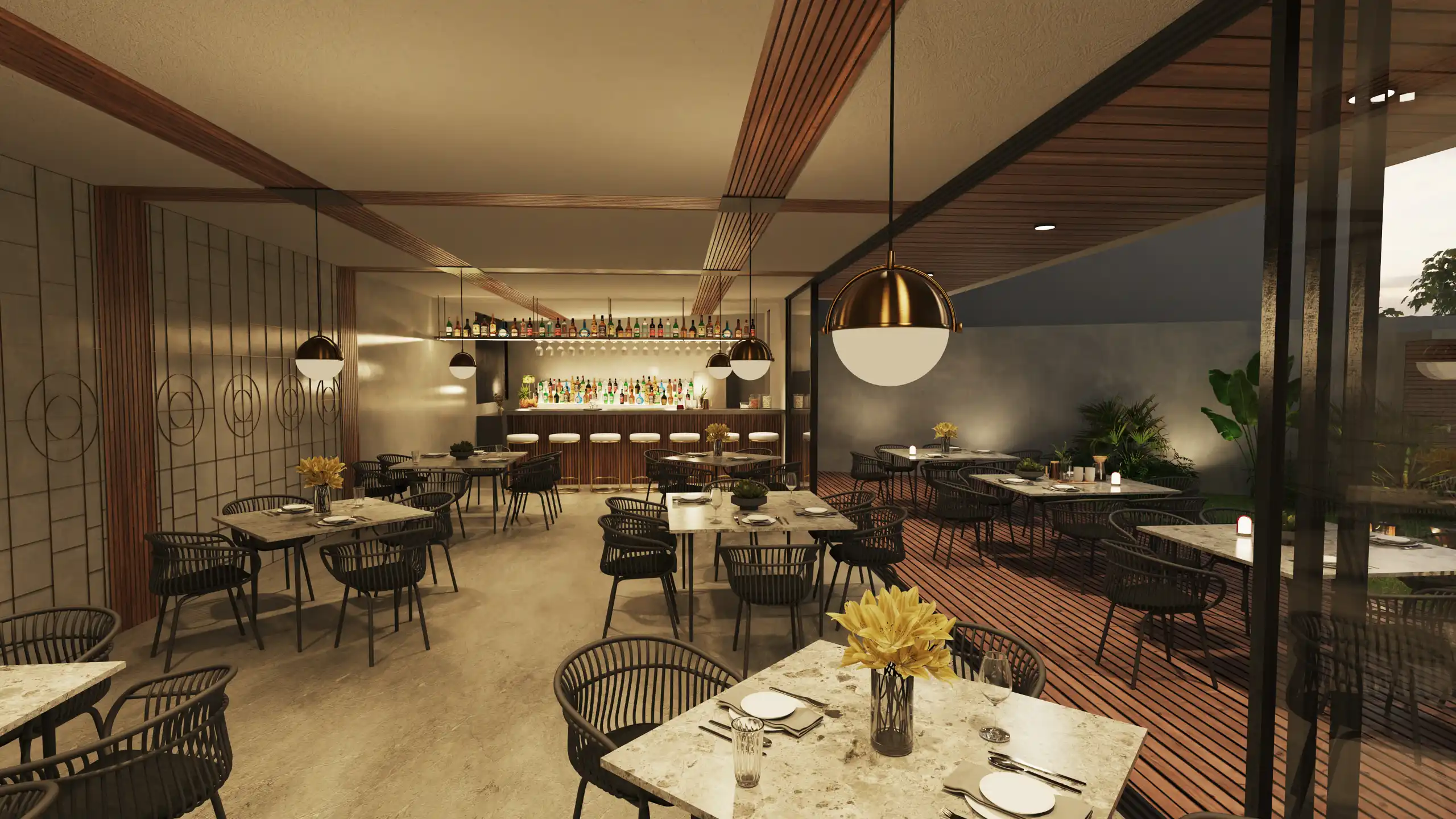 Social dining area with premium wood finishes and sophisticated decor inside a residential unit of the MDY complex.