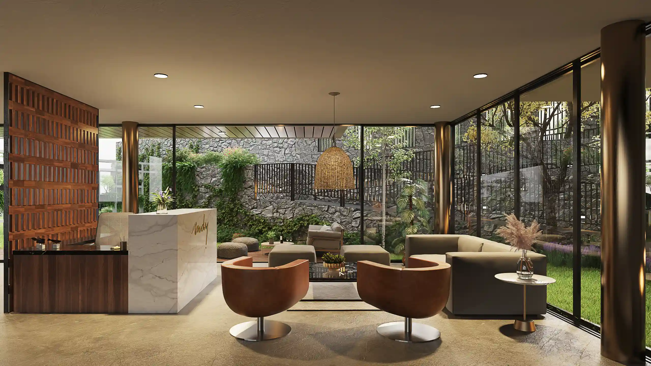 Coworking area and premium restaurant lounge for MDY residents, offering versatile spaces for work and entertainment.