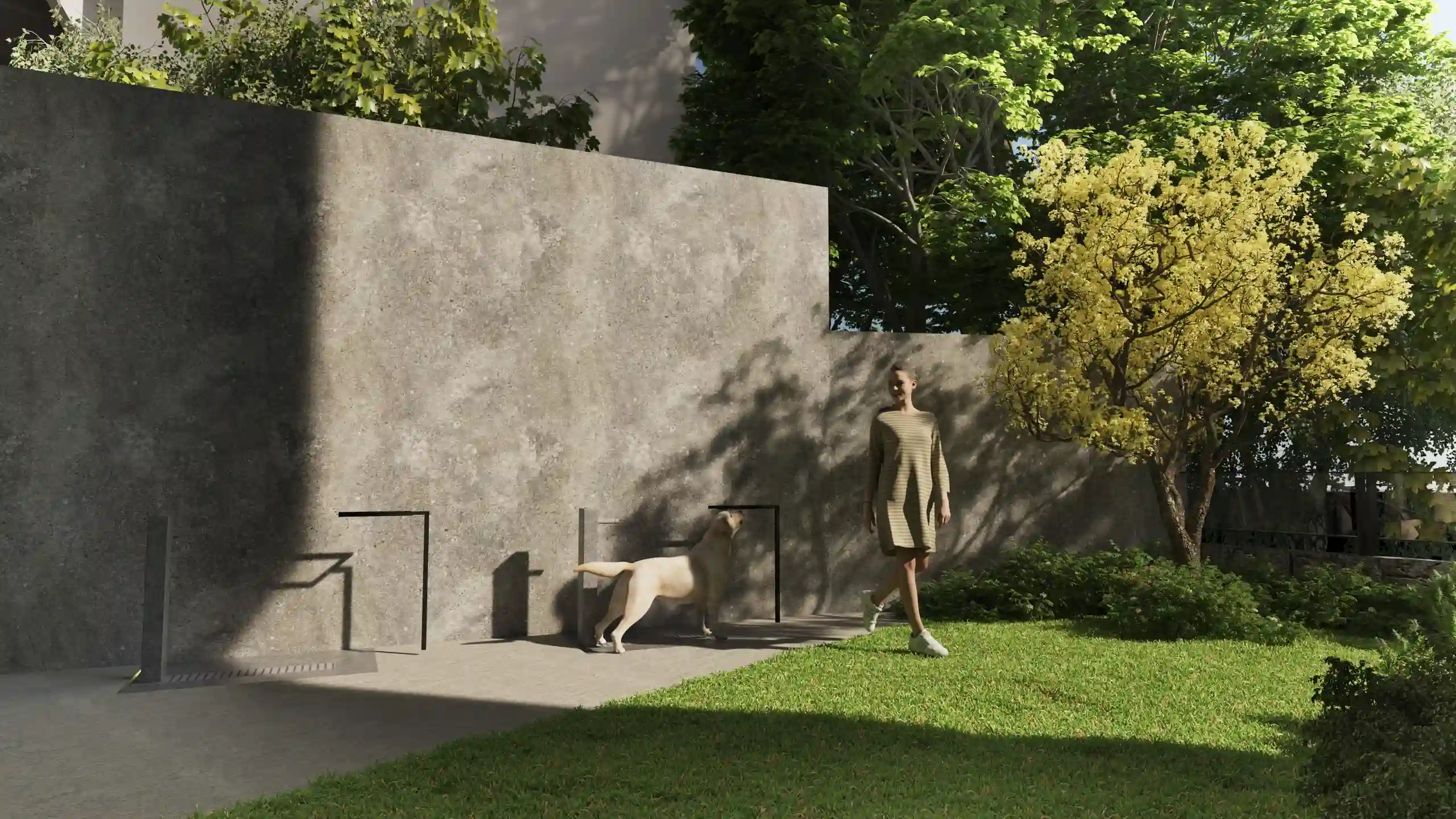 Interior design detail and textures on a decorative wall within an exclusive inner courtyard at the MDY residential complex.