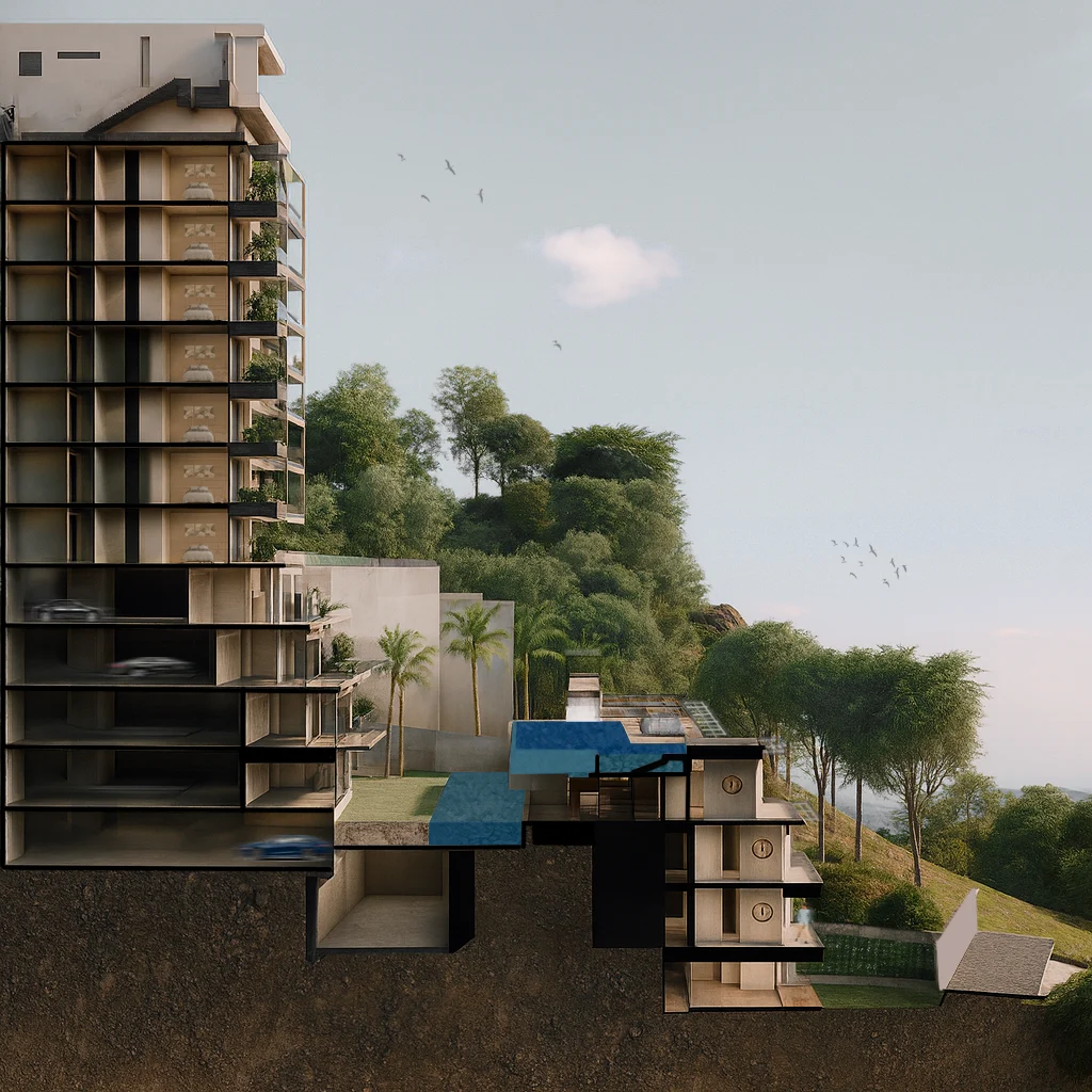Lateral cutaway render of the MDY building showing stepped balconies and the layout of the residential units integrated into the mountain.