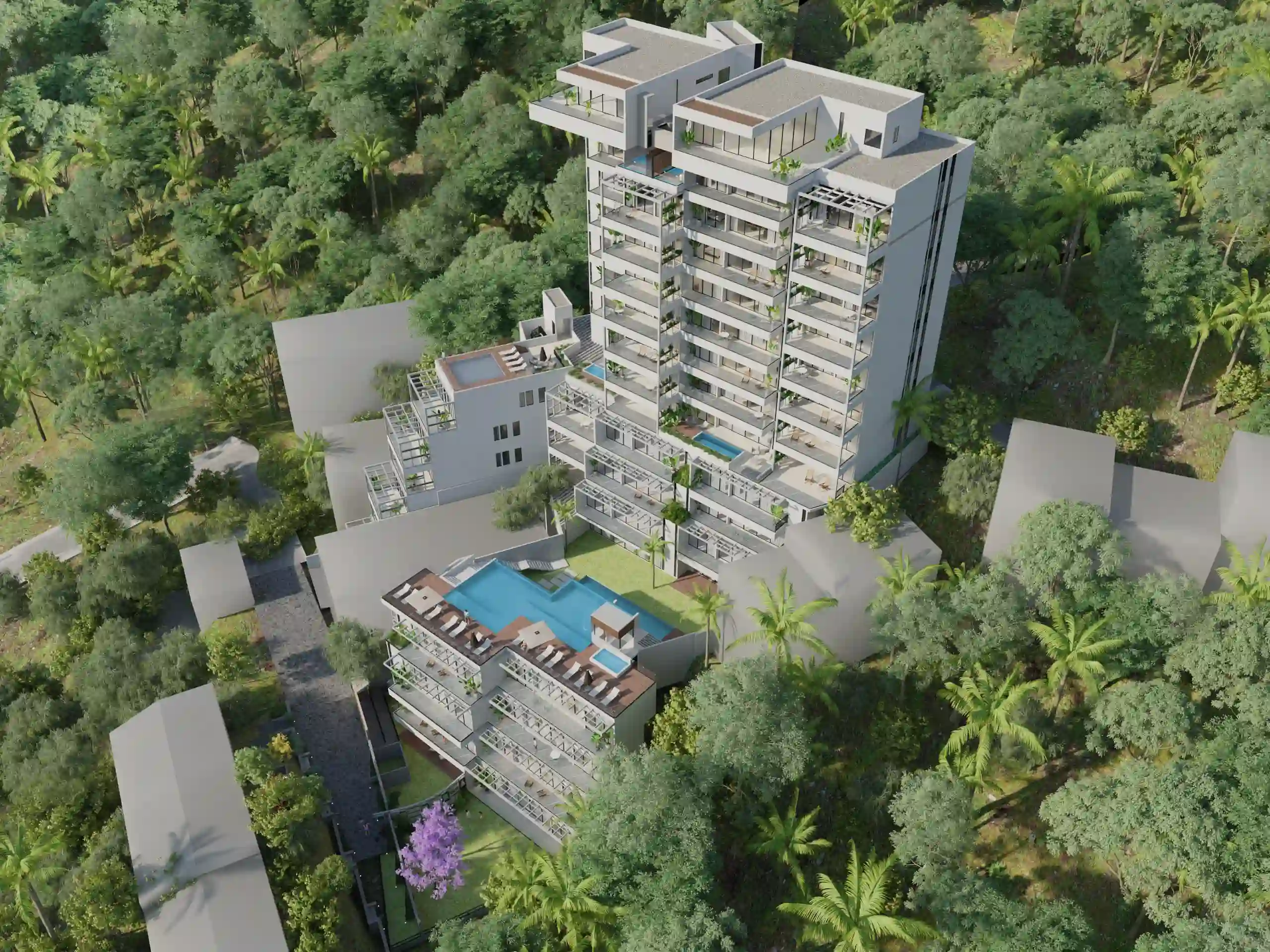 Aerial perspective highlighting the rooftop pool and premium common amenities of the MDY hillside development.