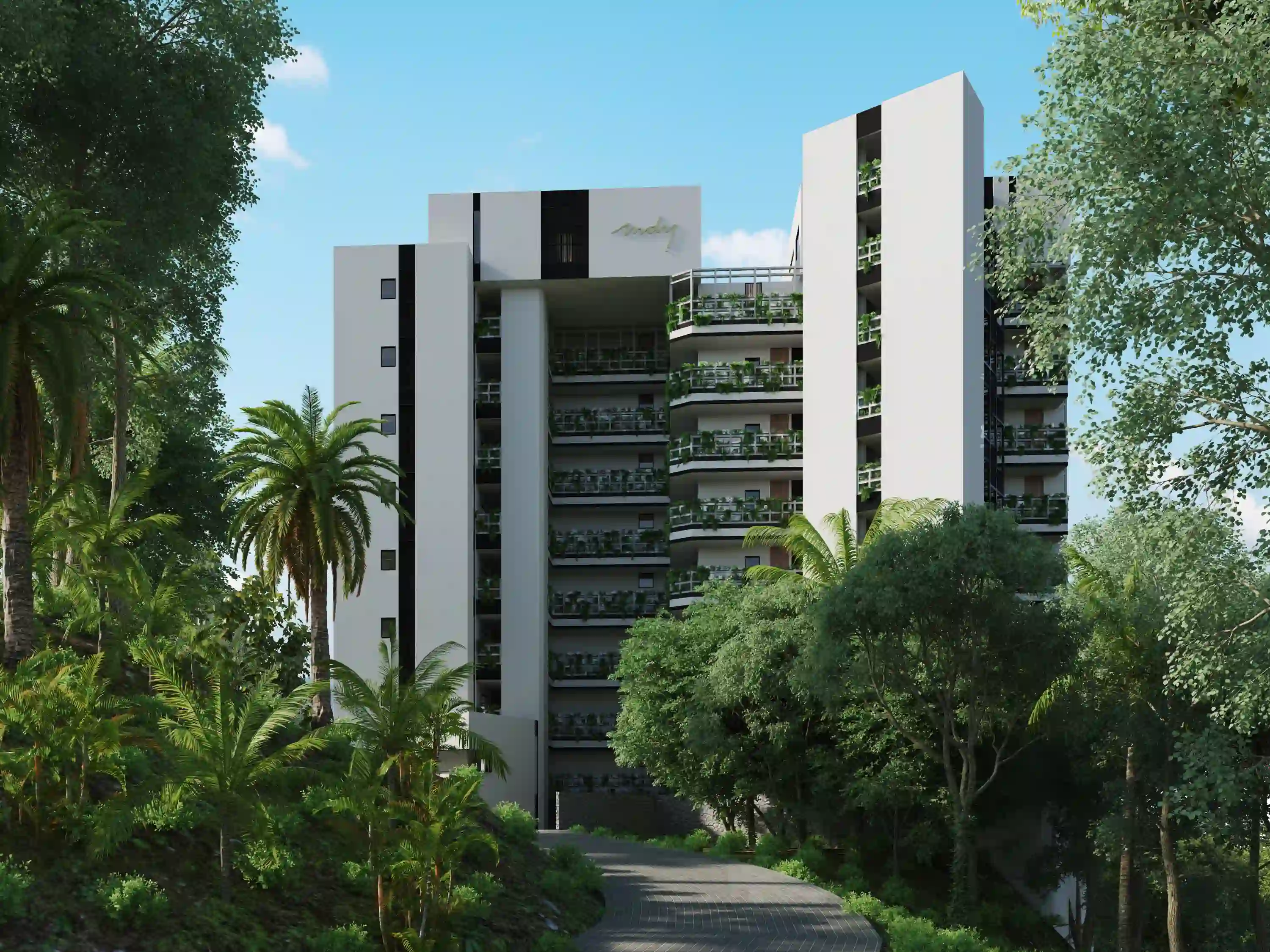 Daytime front facade of the entire MDY building, reflecting the contrast between modern architecture and Vallarta's blue sky.