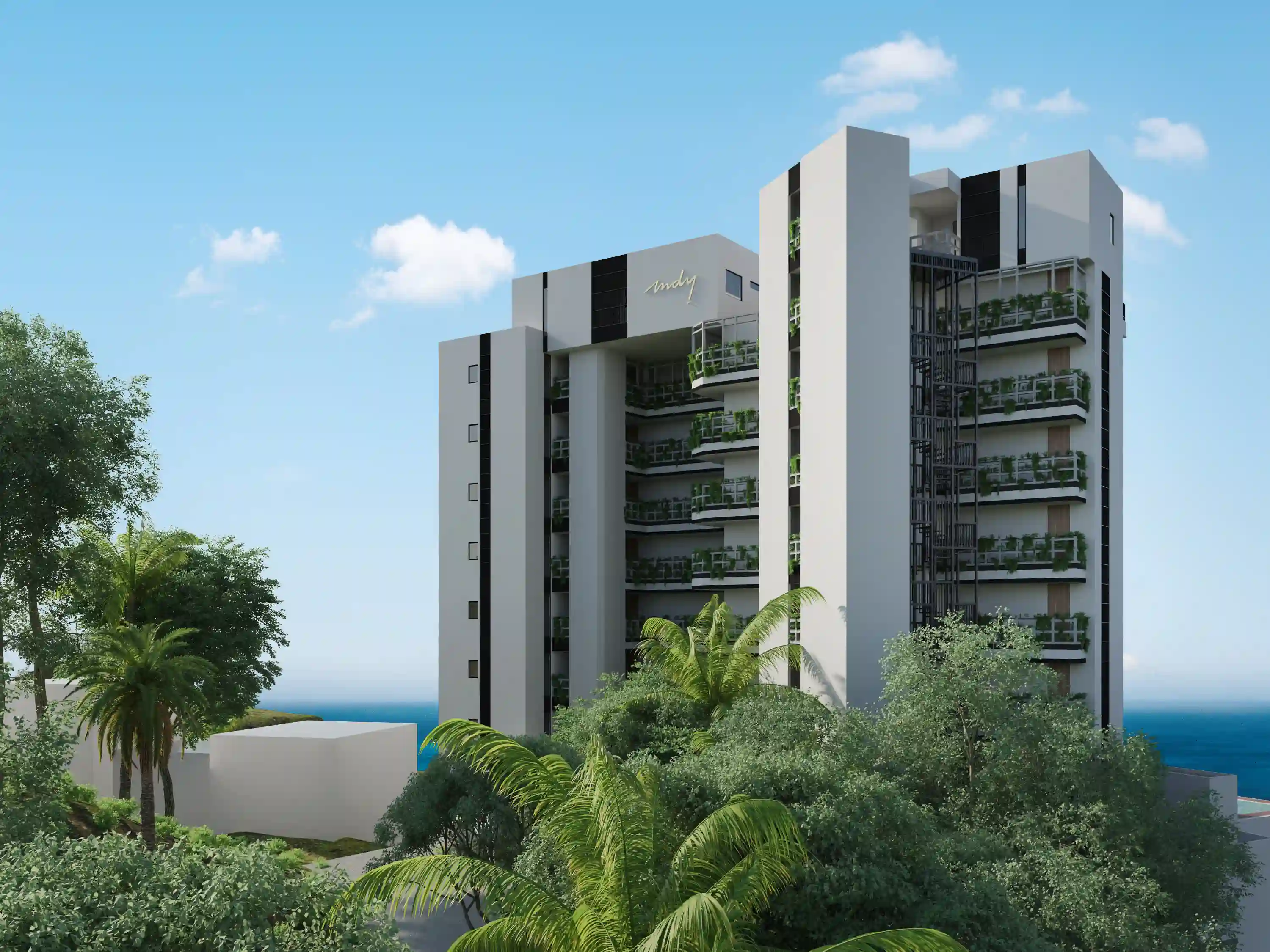 Aerial view showing the relationship between the MDY building and neighboring residences in a high-growth real estate area.
