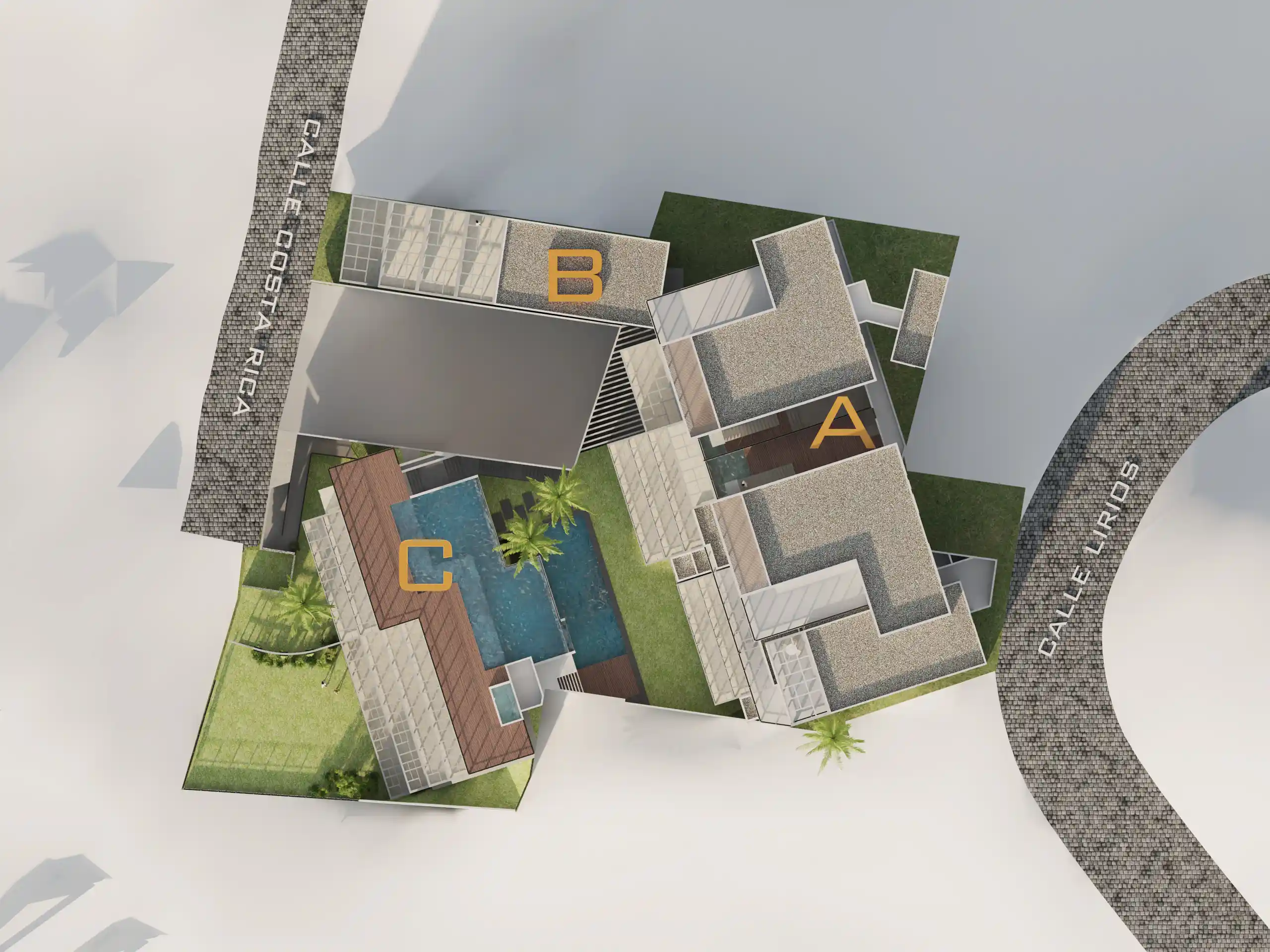 3D volumetric model render of the MDY project, displaying the master plan, overall structure, and spatial layout of the development.